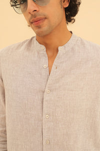 100% European Linen Mandarin Collar Shirt - Light Grey