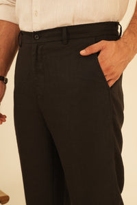 100% European Linen Straight Fit Trousers - Black