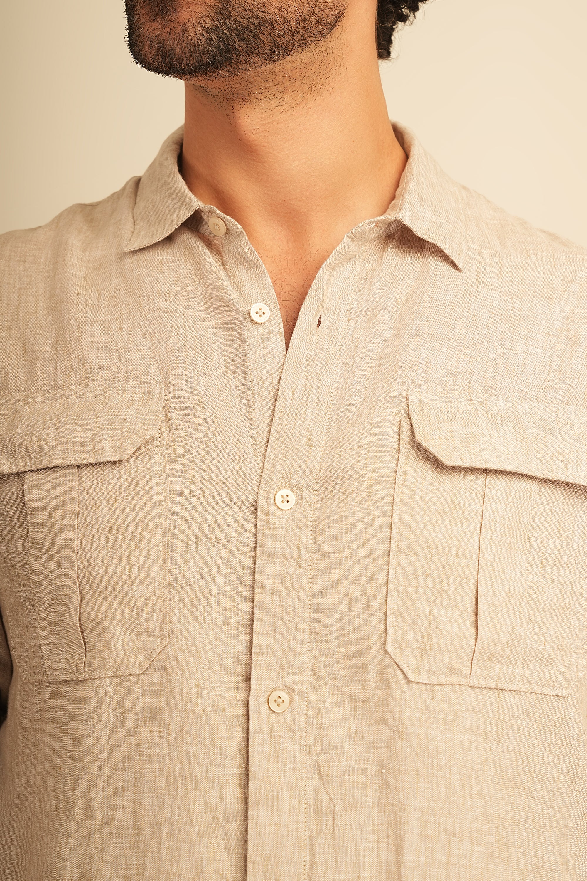 100% European Linen Utility Shirt - Oatmeal