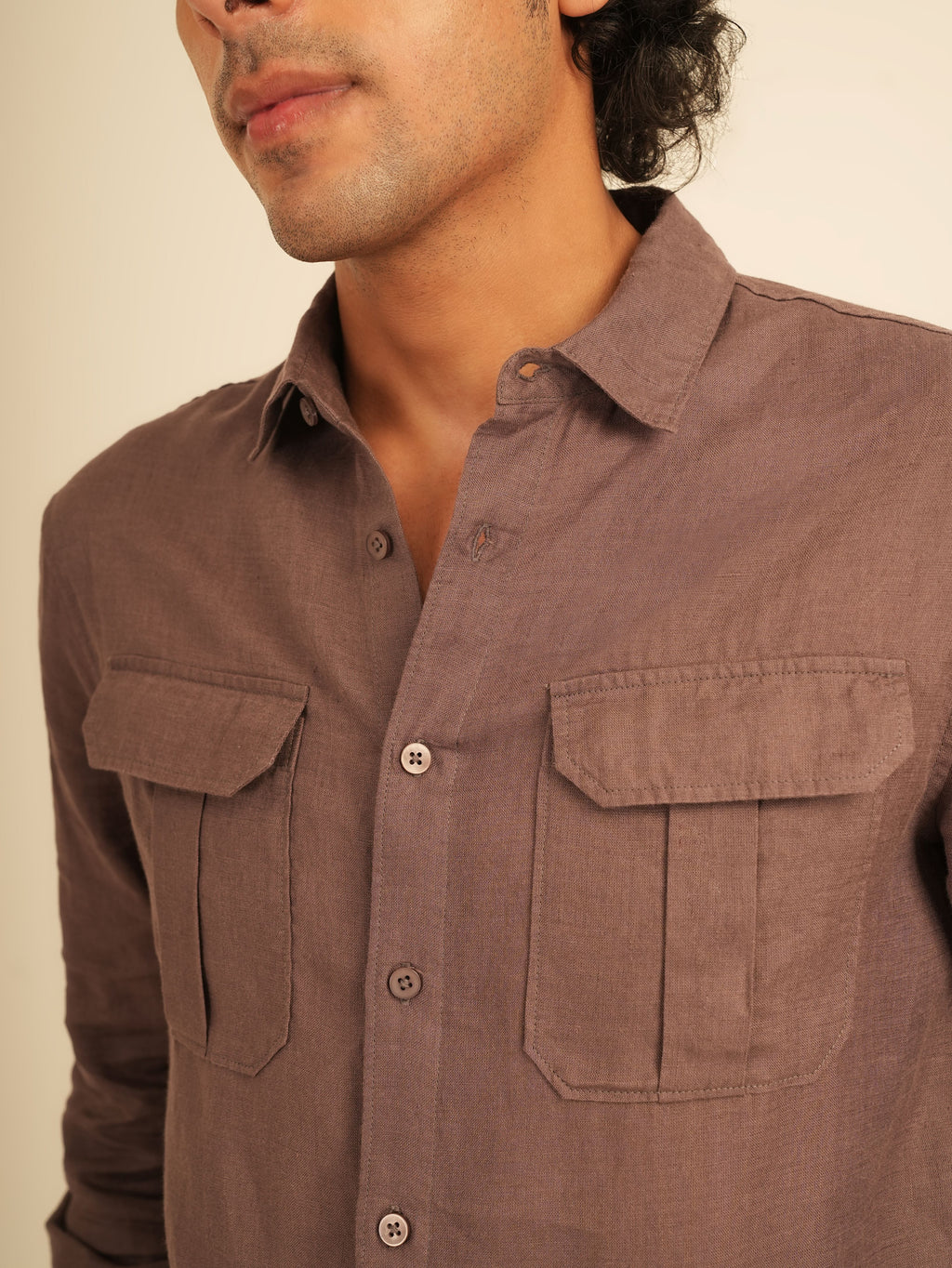 100% European Linen Utility Shirt - Ash Purple