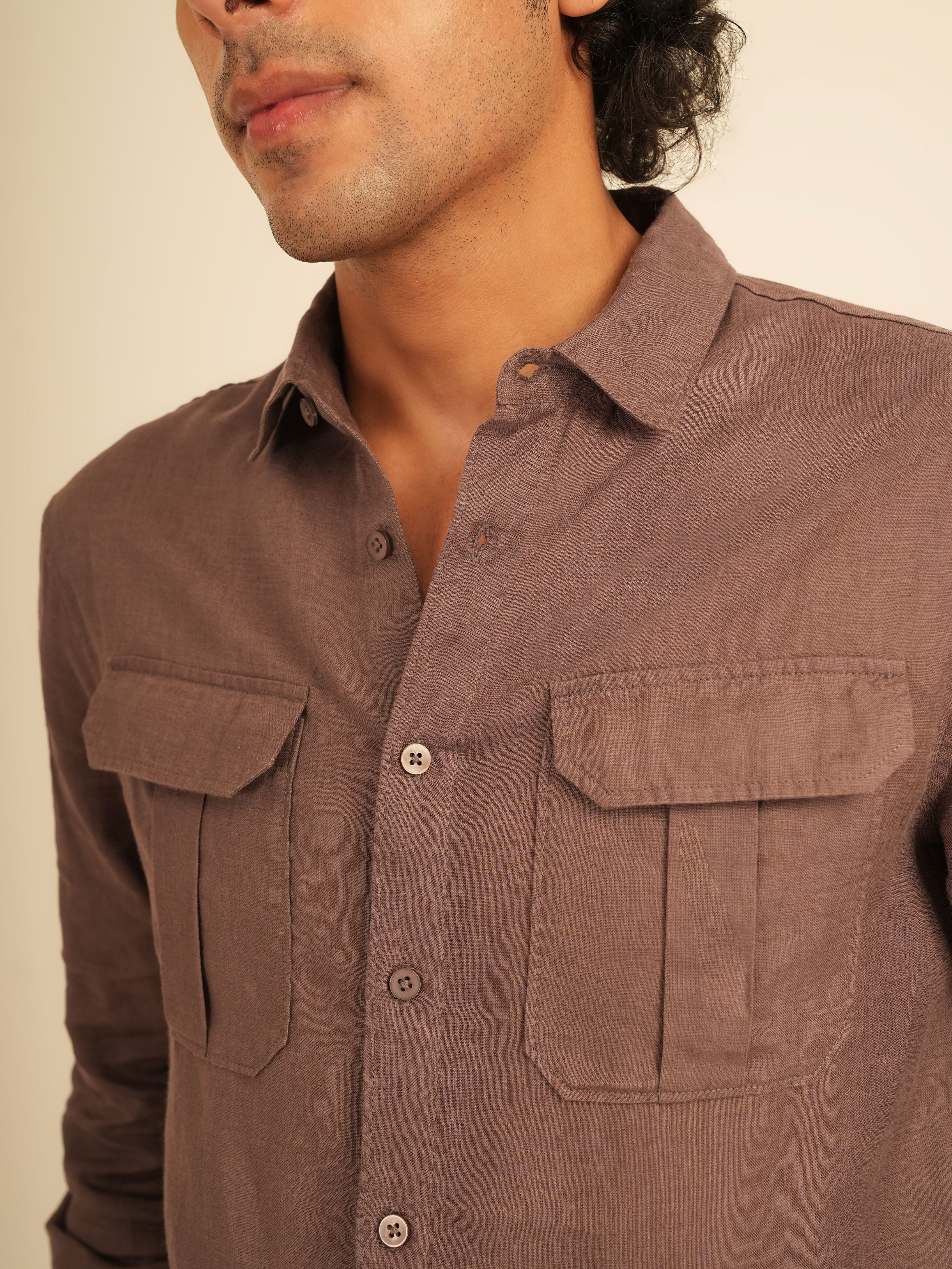 100% European Linen Utility Shirt - Ash Purple