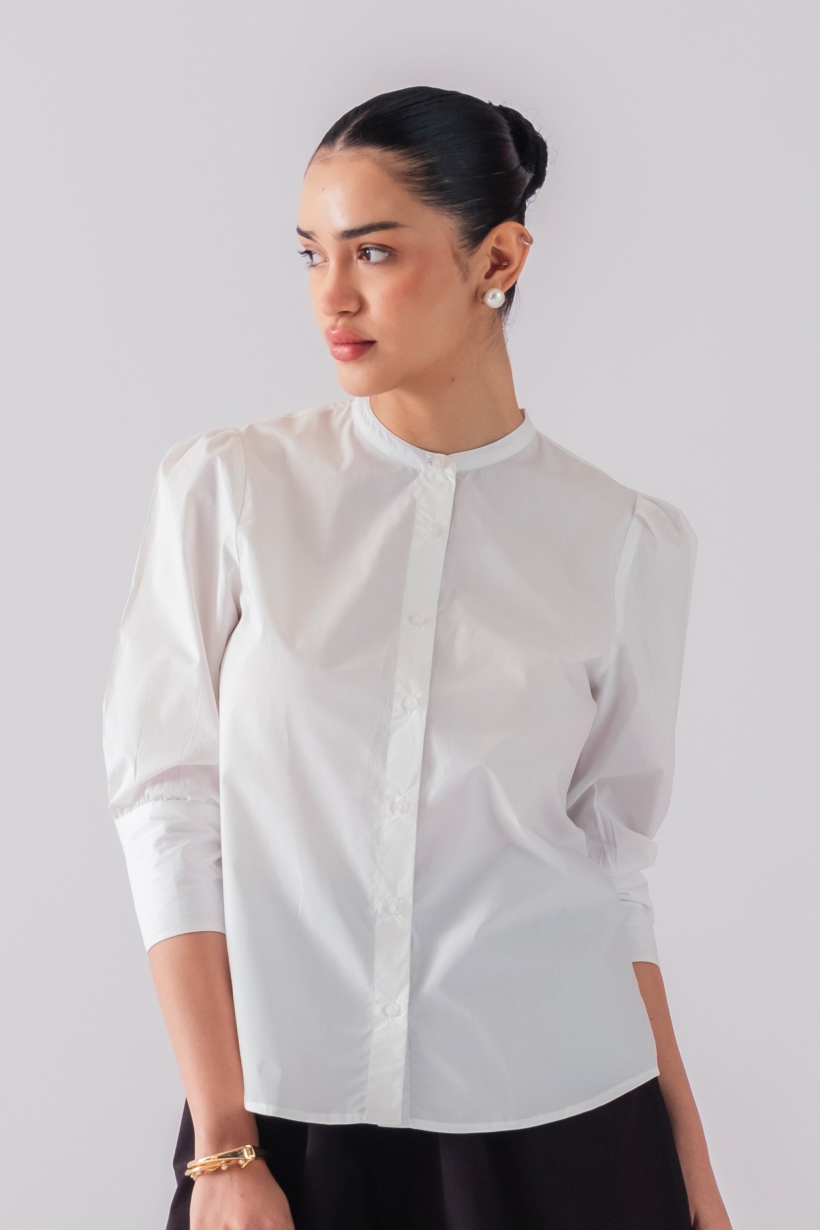100% Cotton Poplin Puff-Sleeve Shirt - White