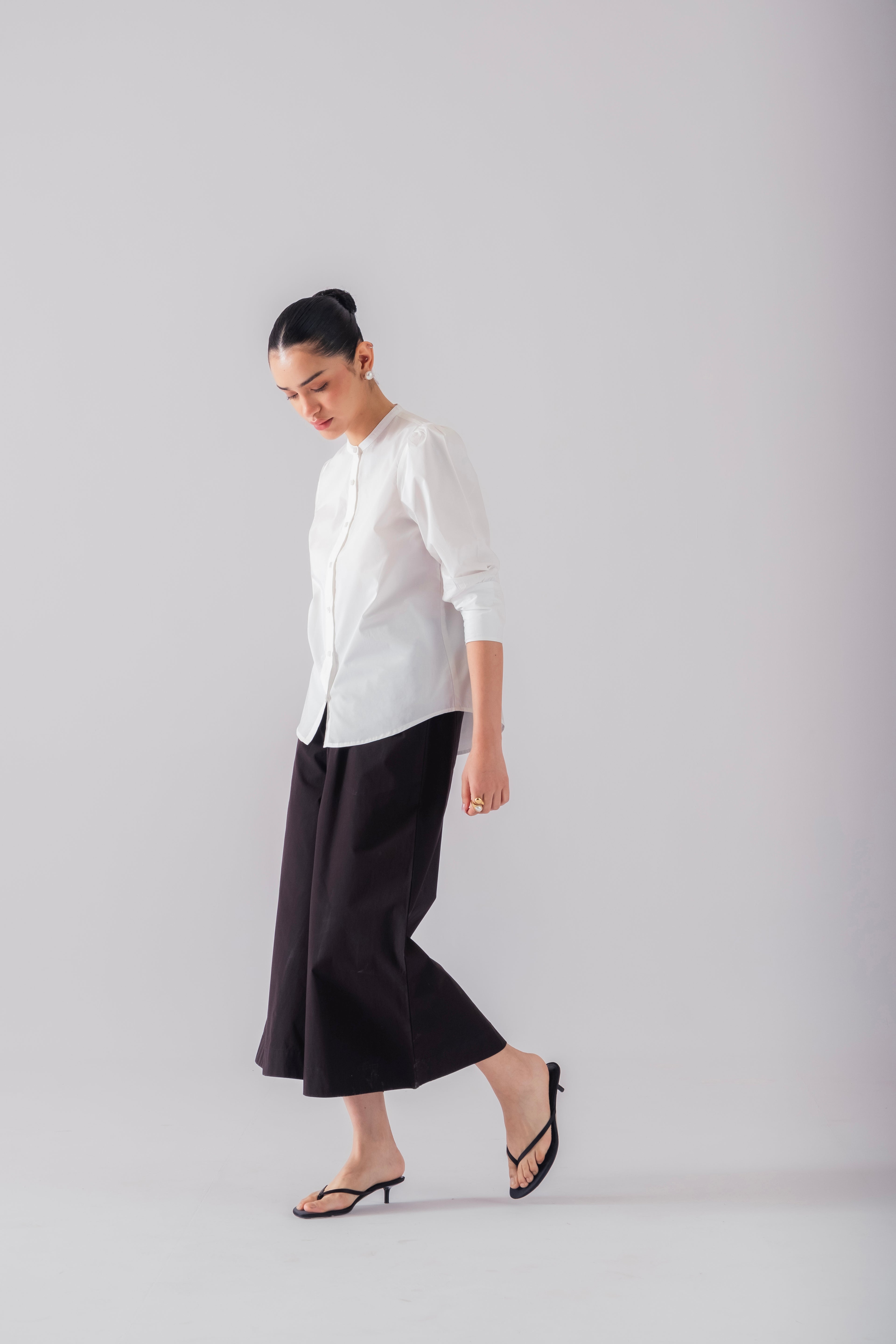 100% Cotton Poplin Puff-Sleeve Shirt - White