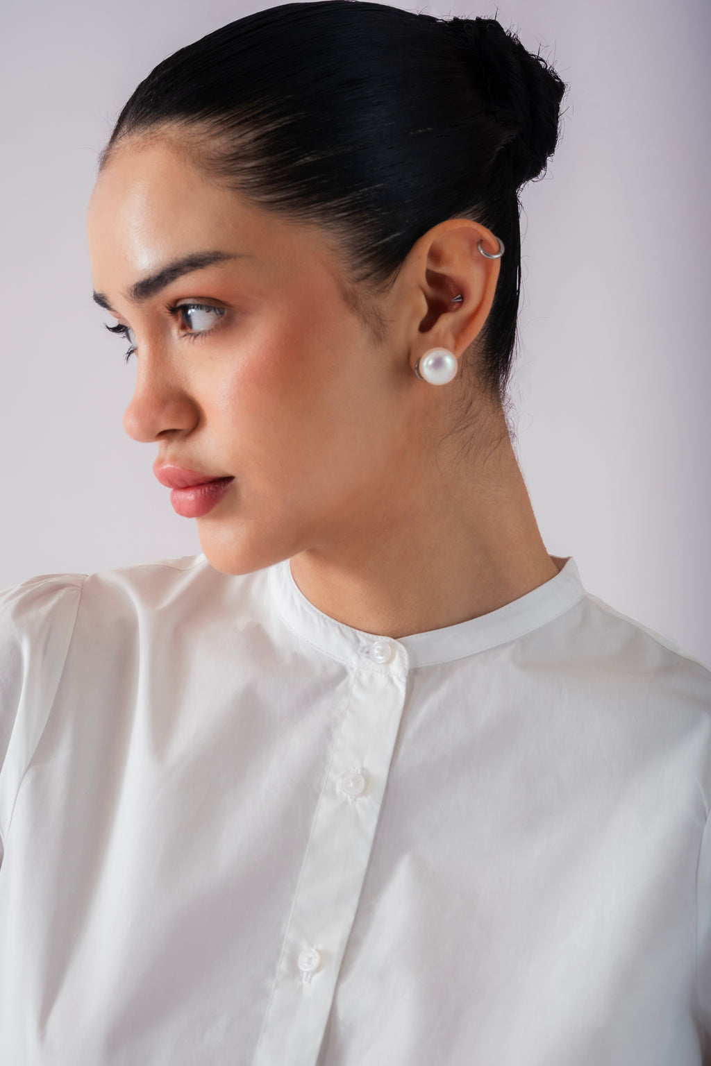 100% Cotton Poplin Puff-Sleeve Shirt - White