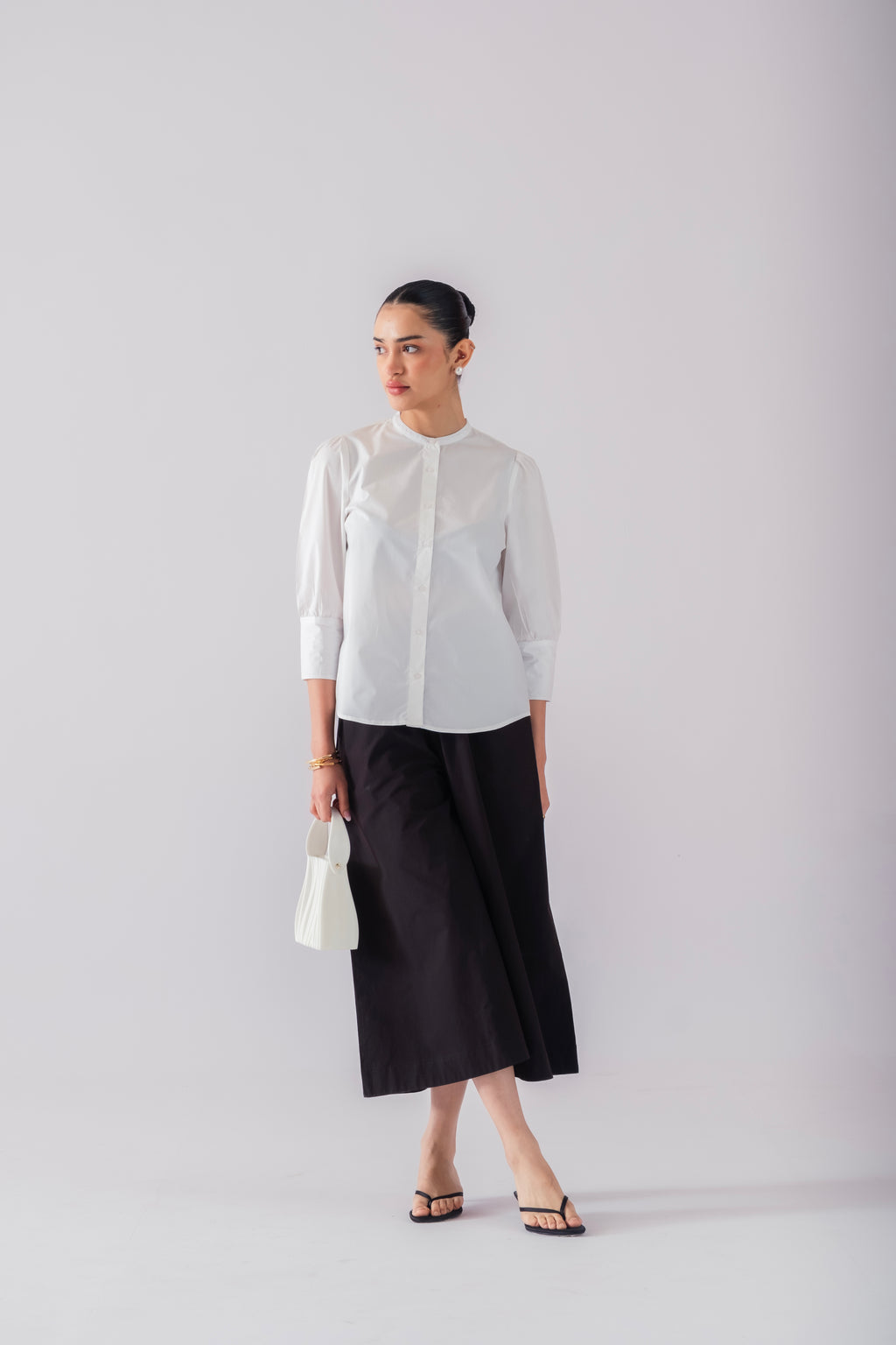 100% Cotton Poplin Puff-Sleeve Shirt - White