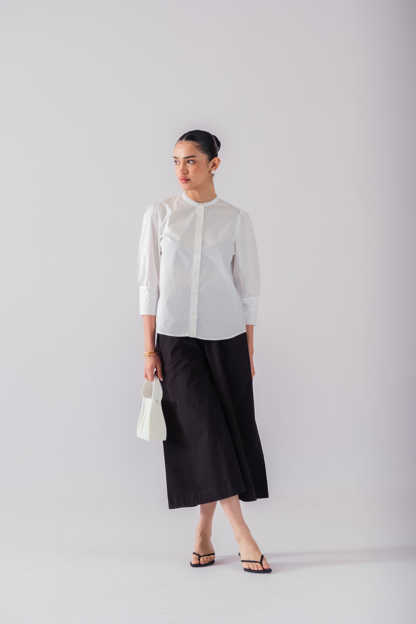 100% Cotton Poplin Puff-Sleeve Shirt - White