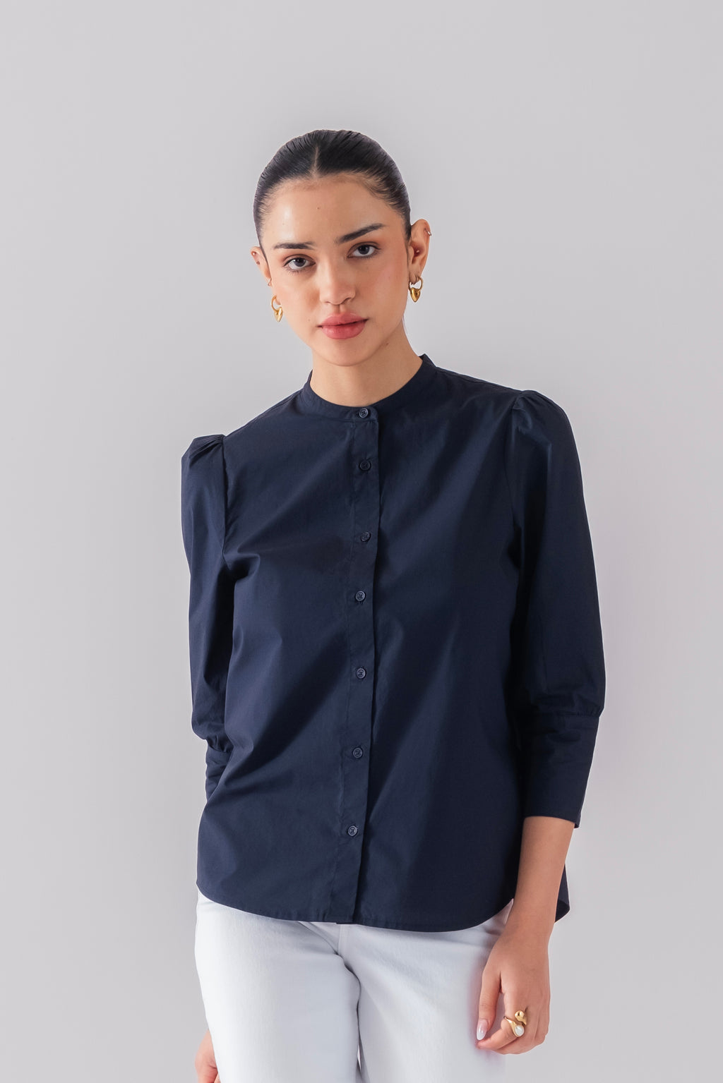 100% Cotton Poplin Puff-Sleeve Shirt - Navy
