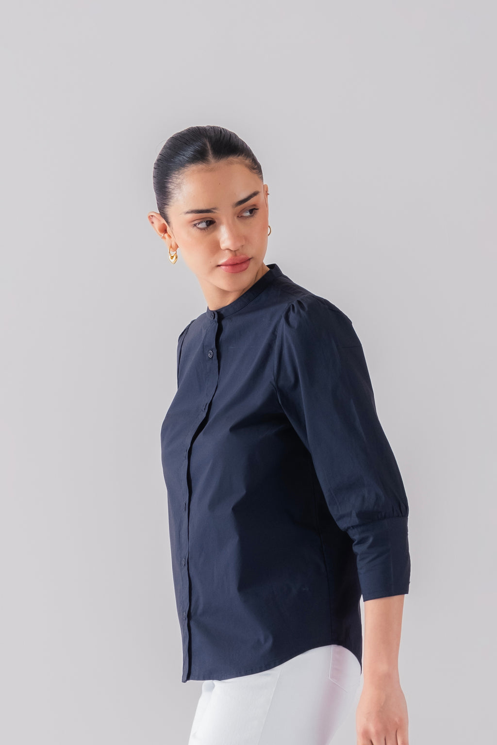 100% Cotton Poplin Puff-Sleeve Shirt - Navy