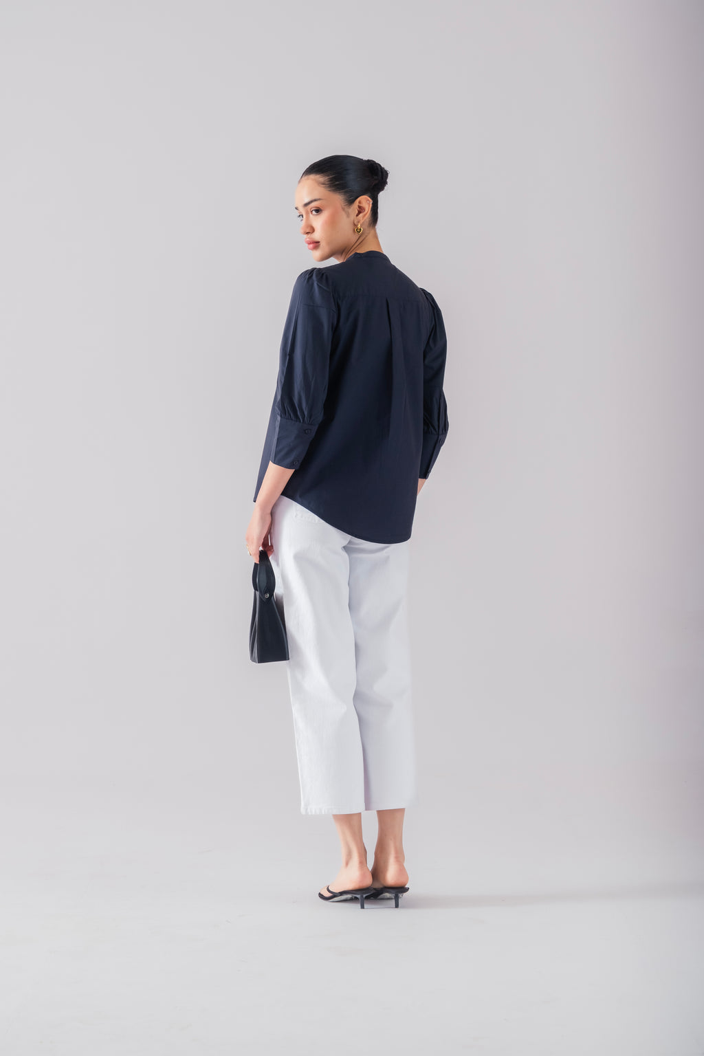 100% Cotton Poplin Puff-Sleeve Shirt - Navy