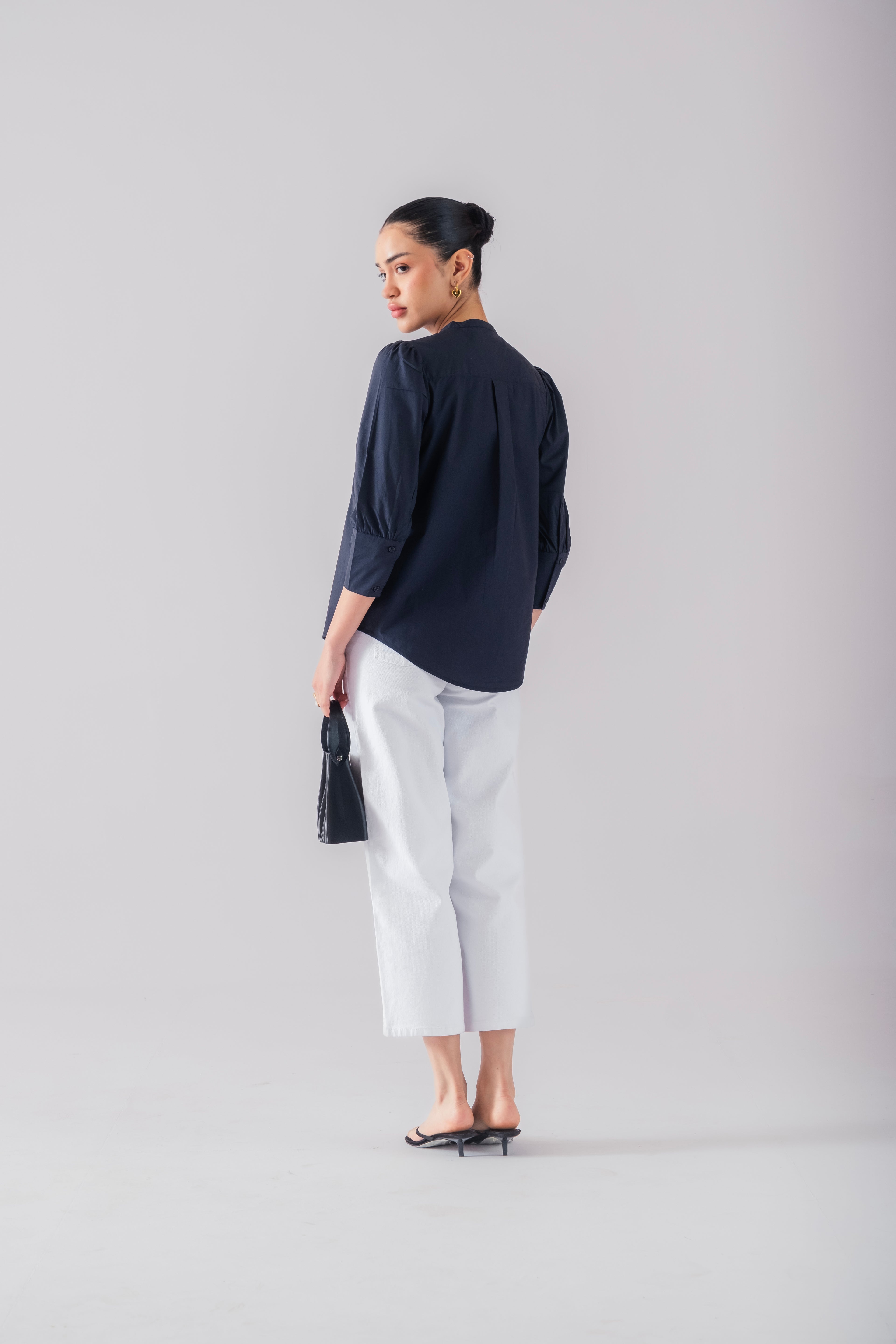 100% Cotton Poplin Puff-Sleeve Shirt - Navy
