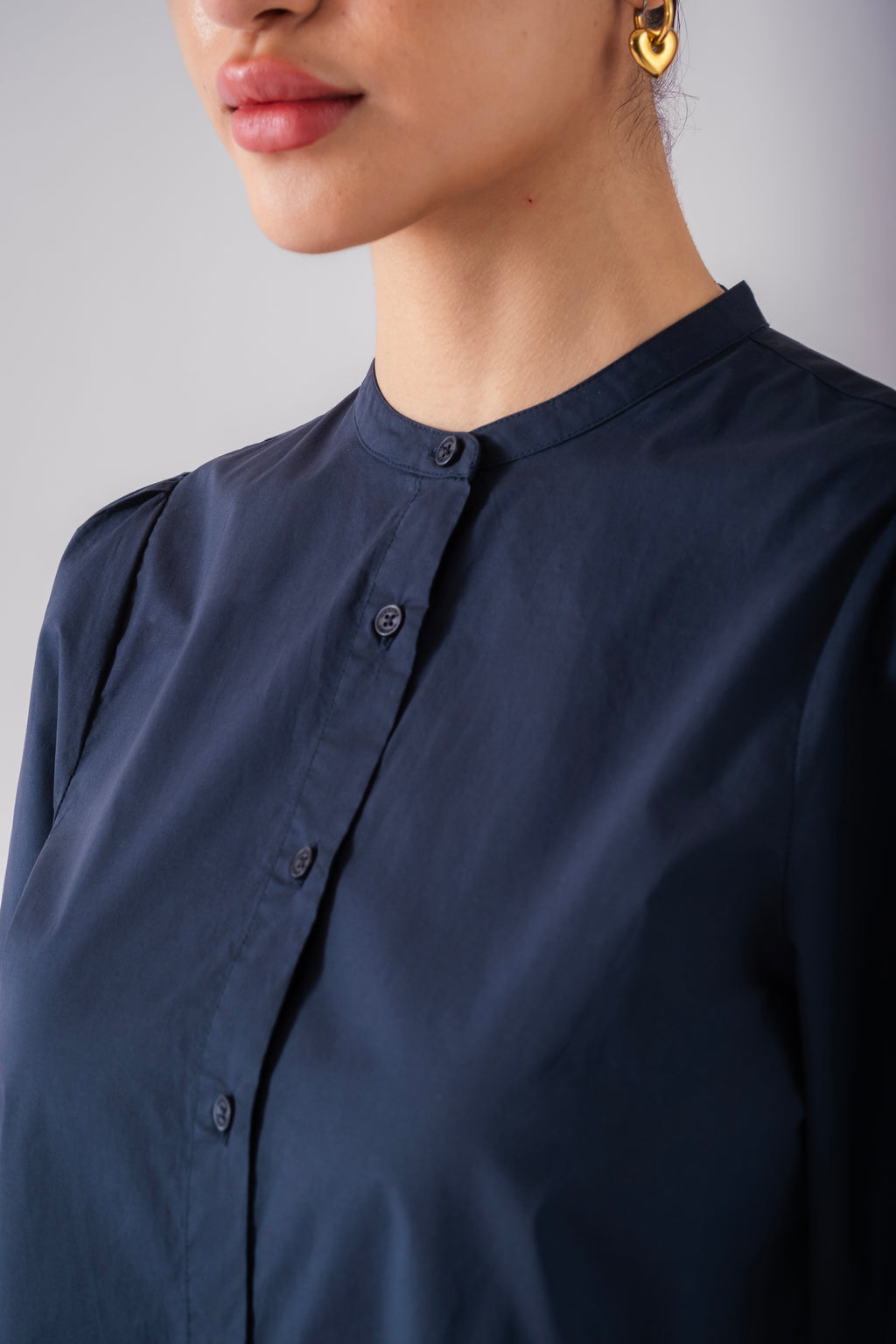 100% Cotton Poplin Puff-Sleeve Shirt - Navy