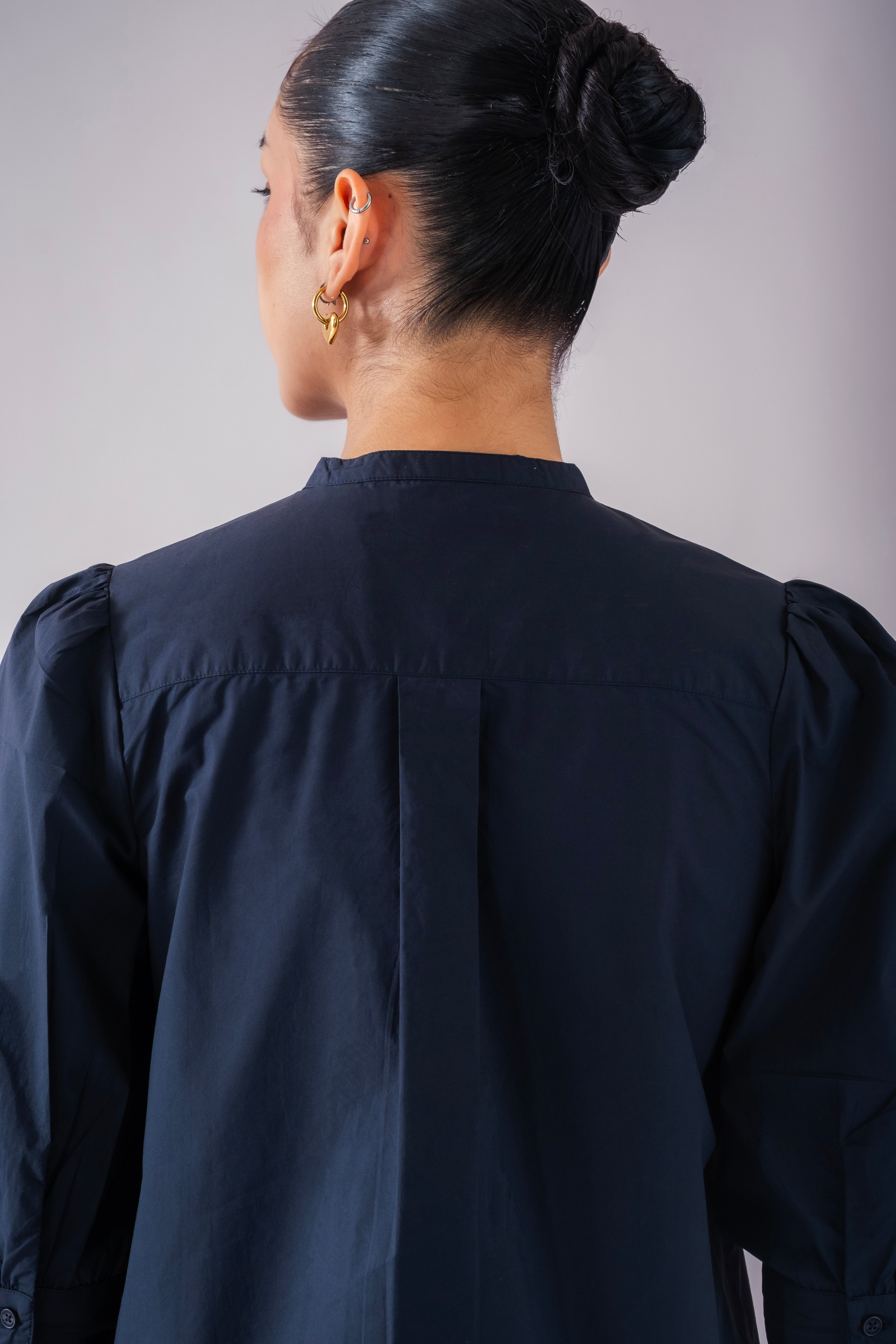 100% Cotton Poplin Puff-Sleeve Shirt - Navy