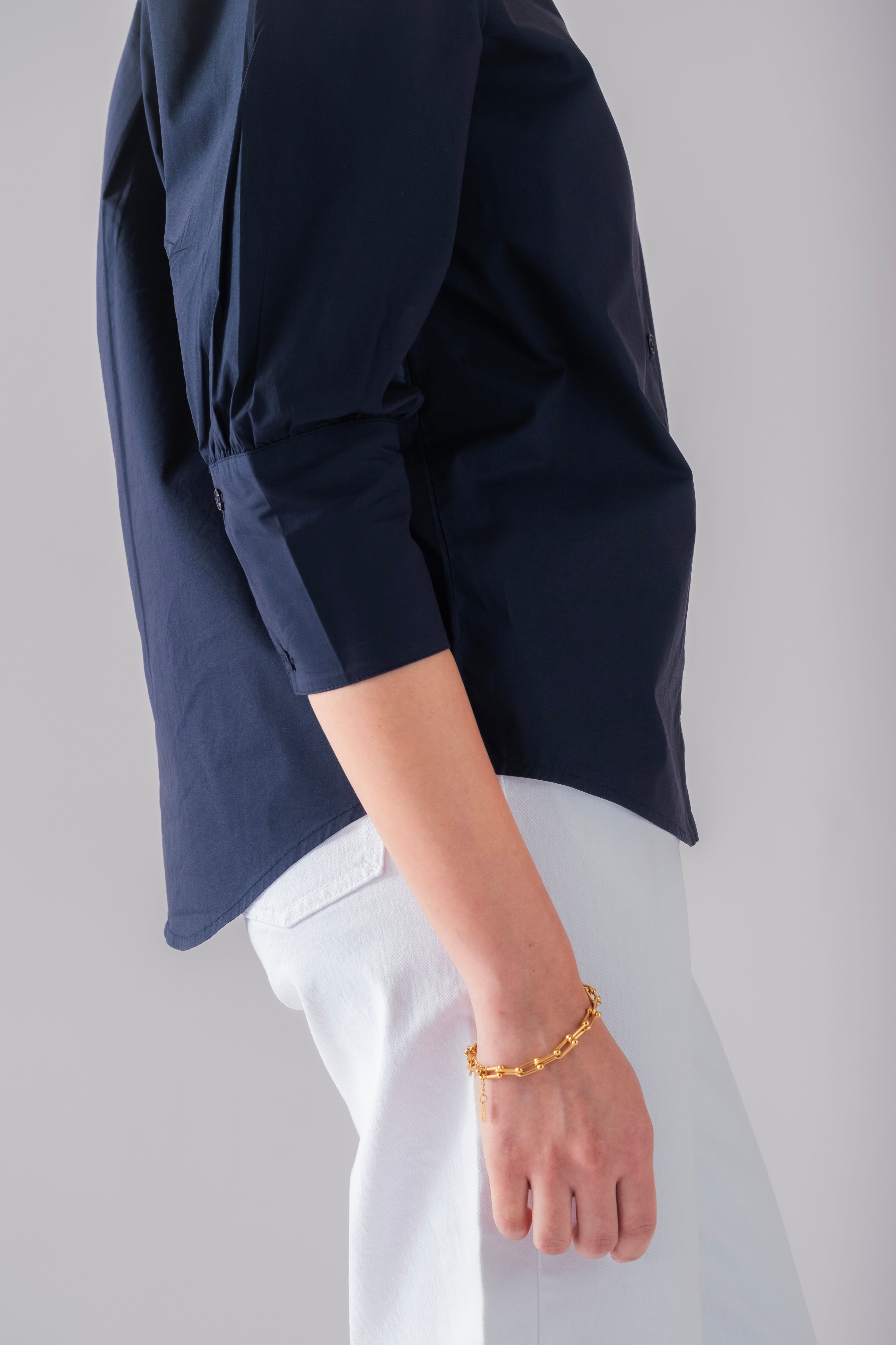 100% Cotton Poplin Puff-Sleeve Shirt - Navy