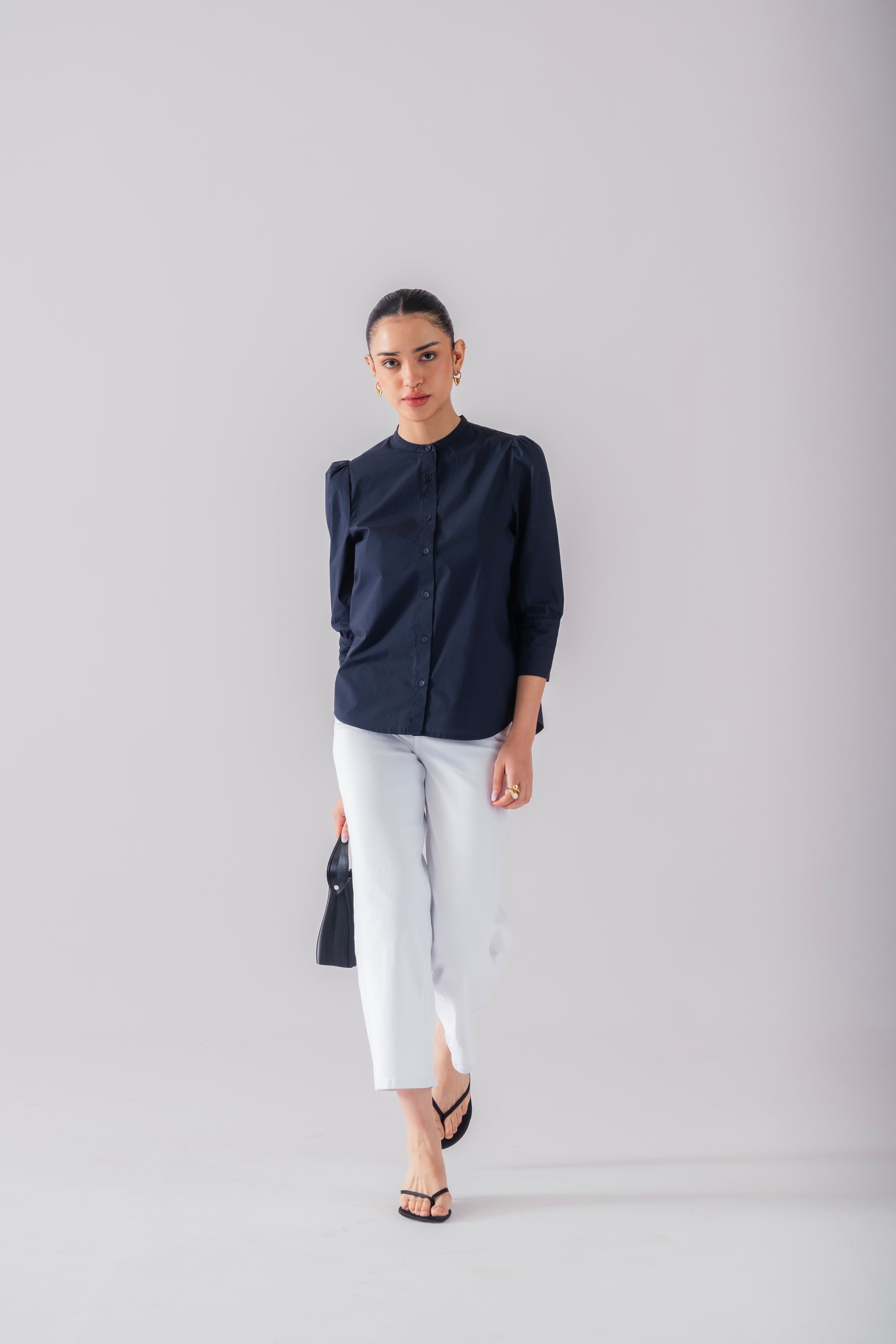 100% Cotton Poplin Puff-Sleeve Shirt - Navy