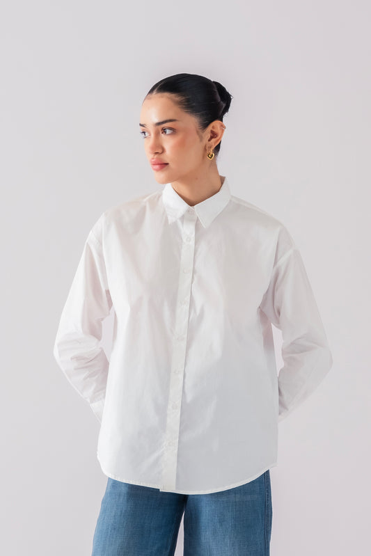 100% Cotton Poplin Oversized Shirt - White