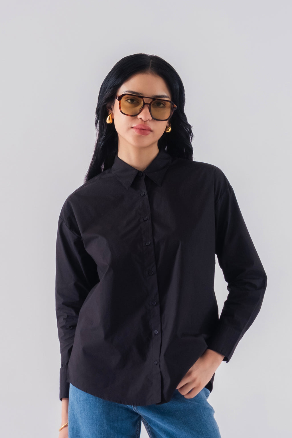 100% Cotton Poplin Oversized Shirt - Black
