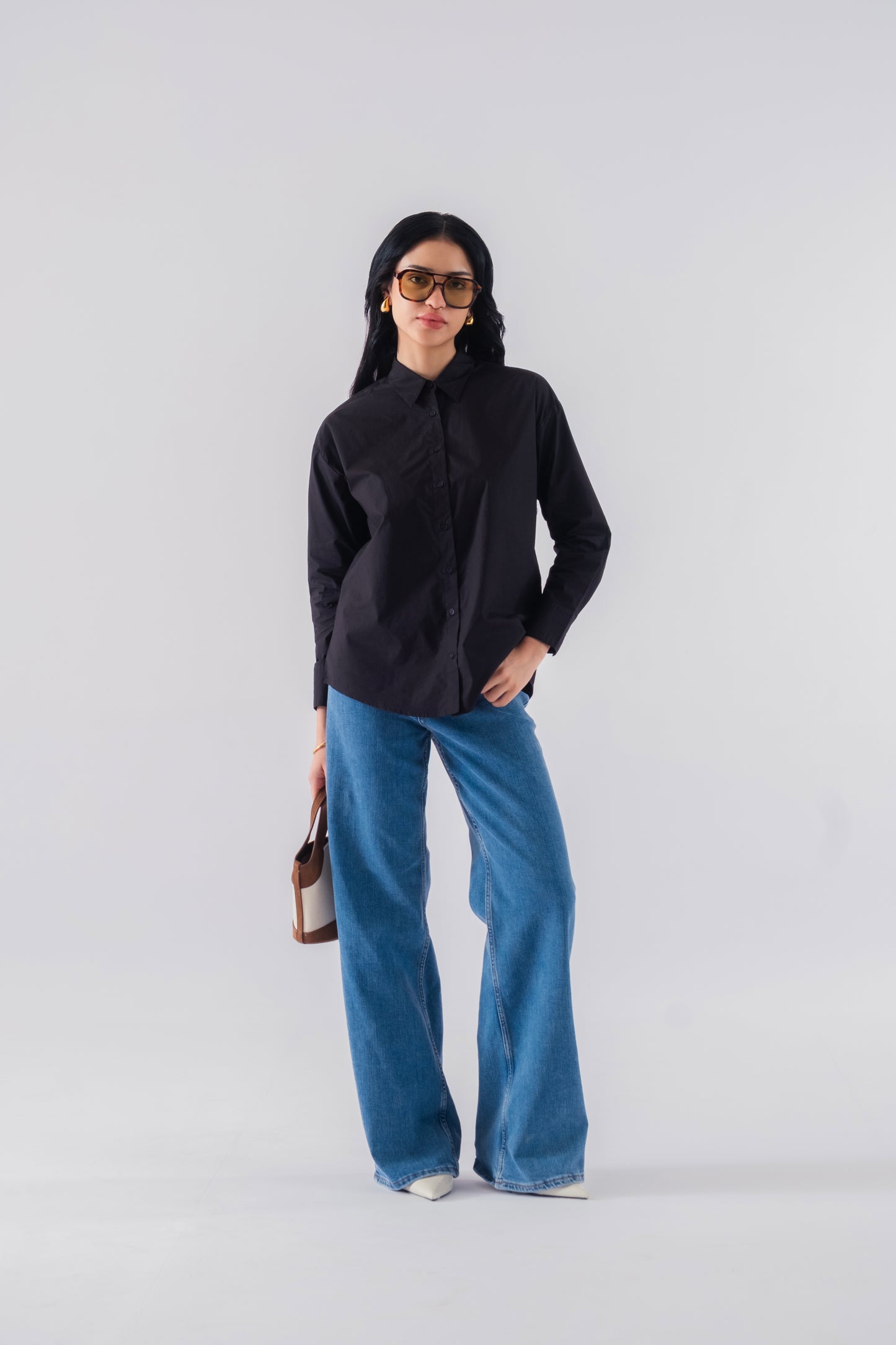 100% Cotton Poplin Oversized Shirt - Black