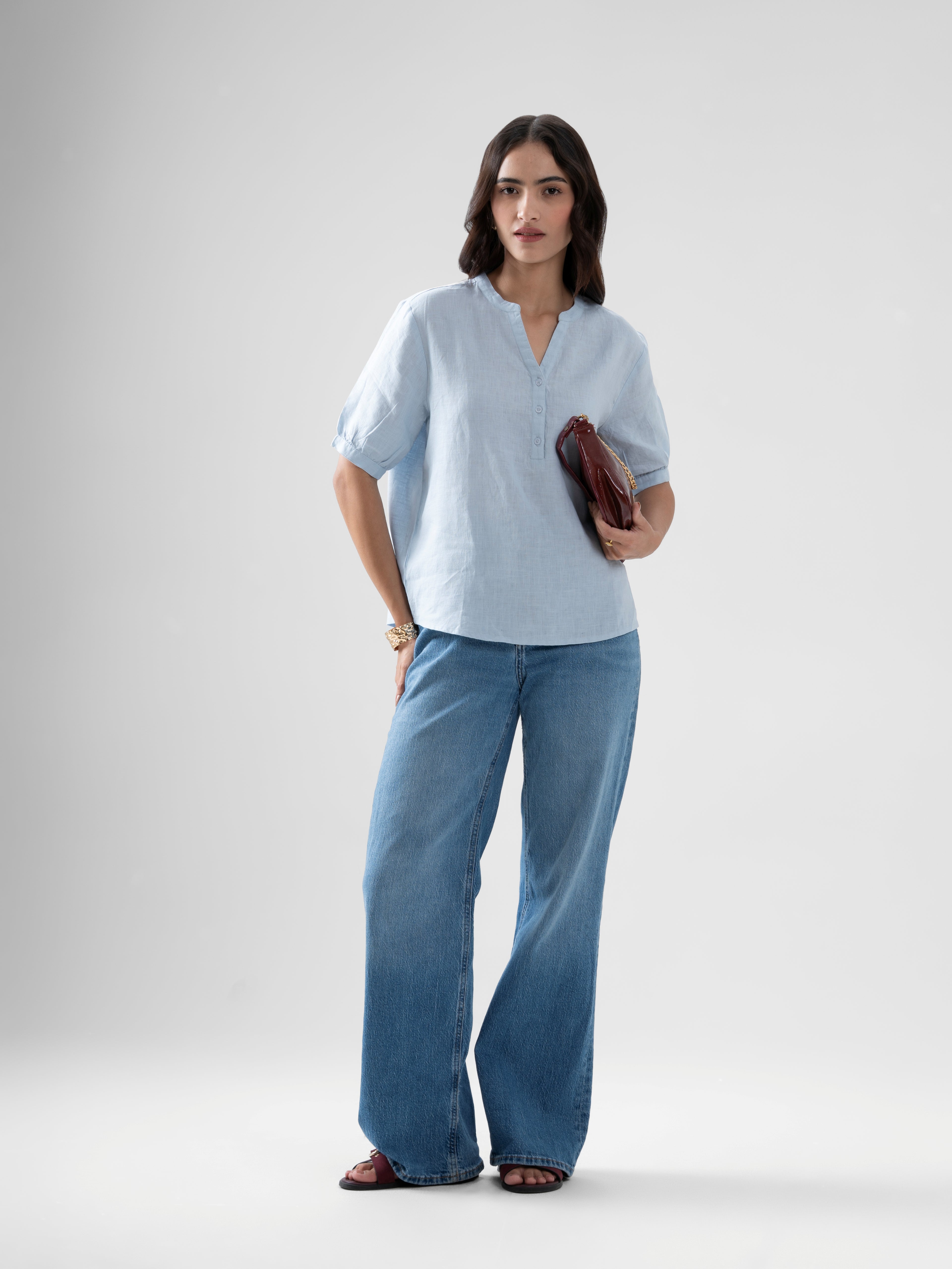 100% European Linen Peasant Blouse - Powder Blue