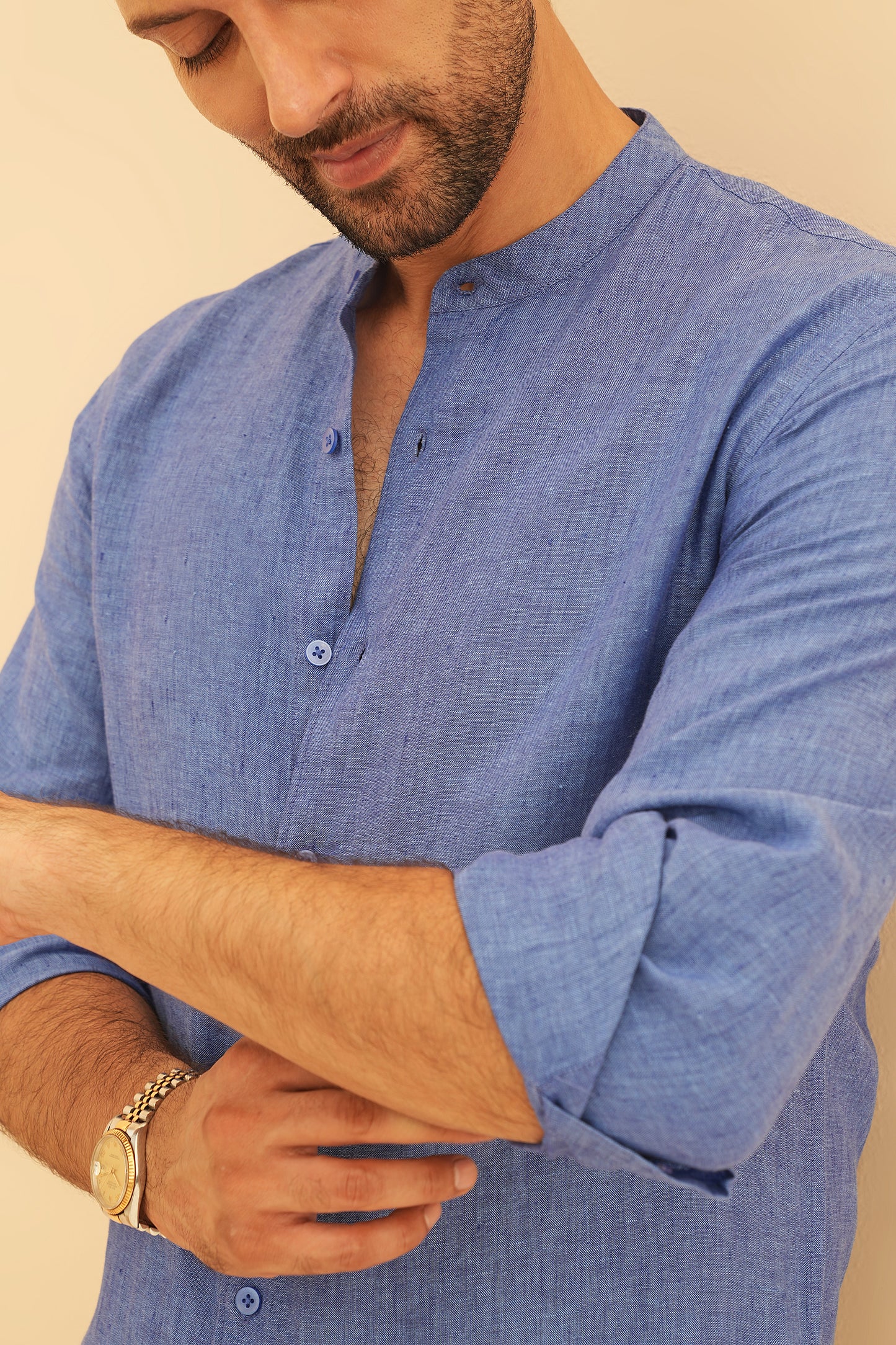 100% European Linen Mandarin Collar Shirt