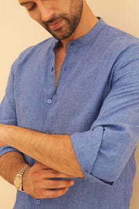 100% European Linen Mandarin Collar Shirt - Dark Blue
