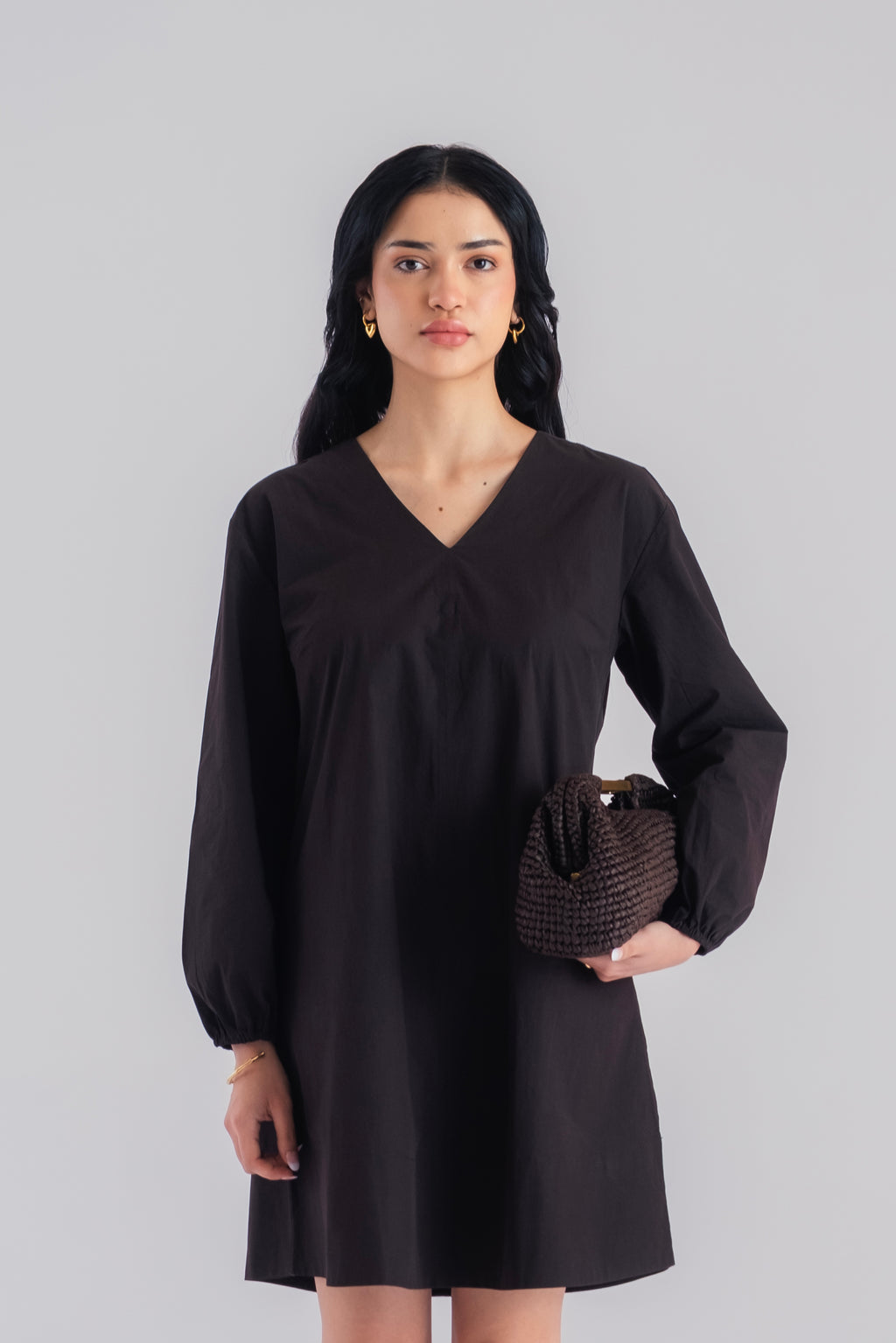 100% Cotton Poplin Babydoll Dress - Black