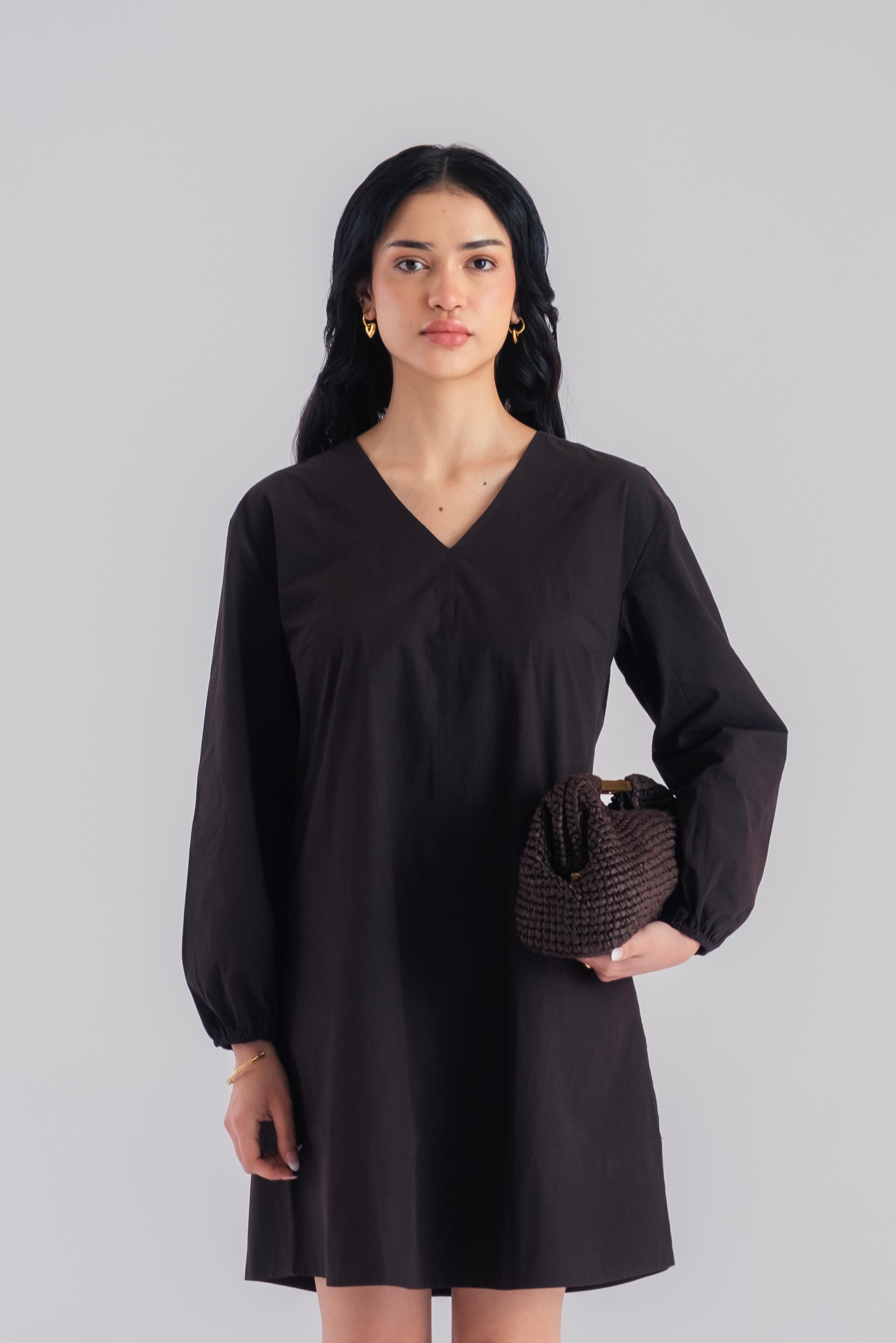 100% Cotton Poplin Babydoll Dress - Black