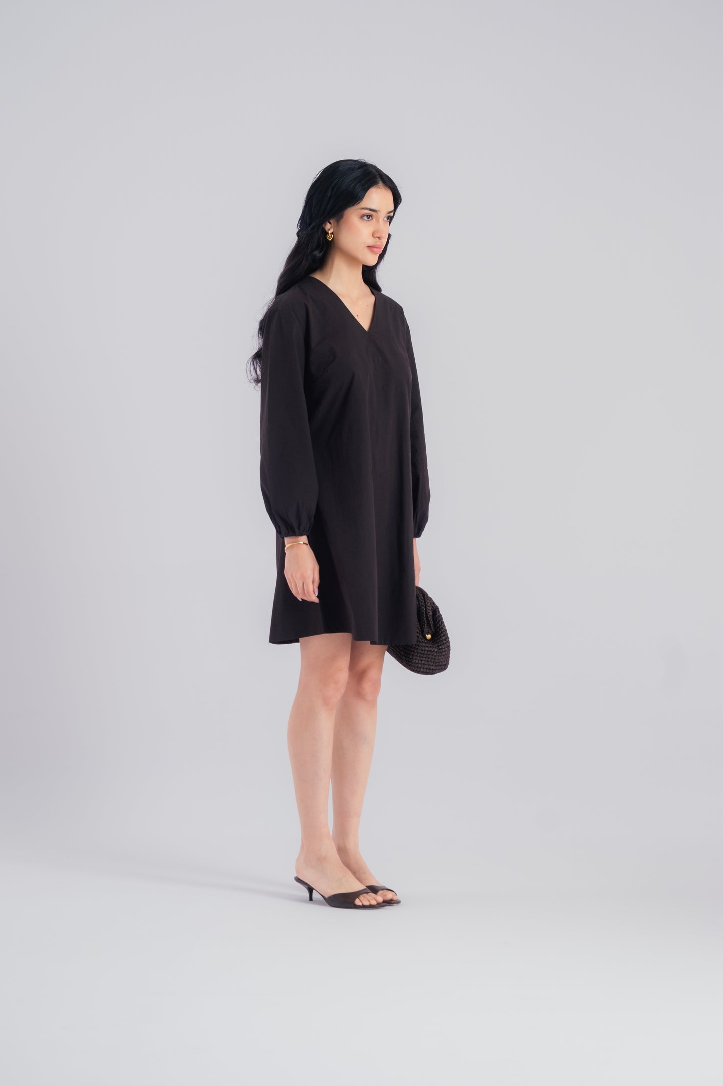 100% Cotton Poplin Babydoll Dress - Black