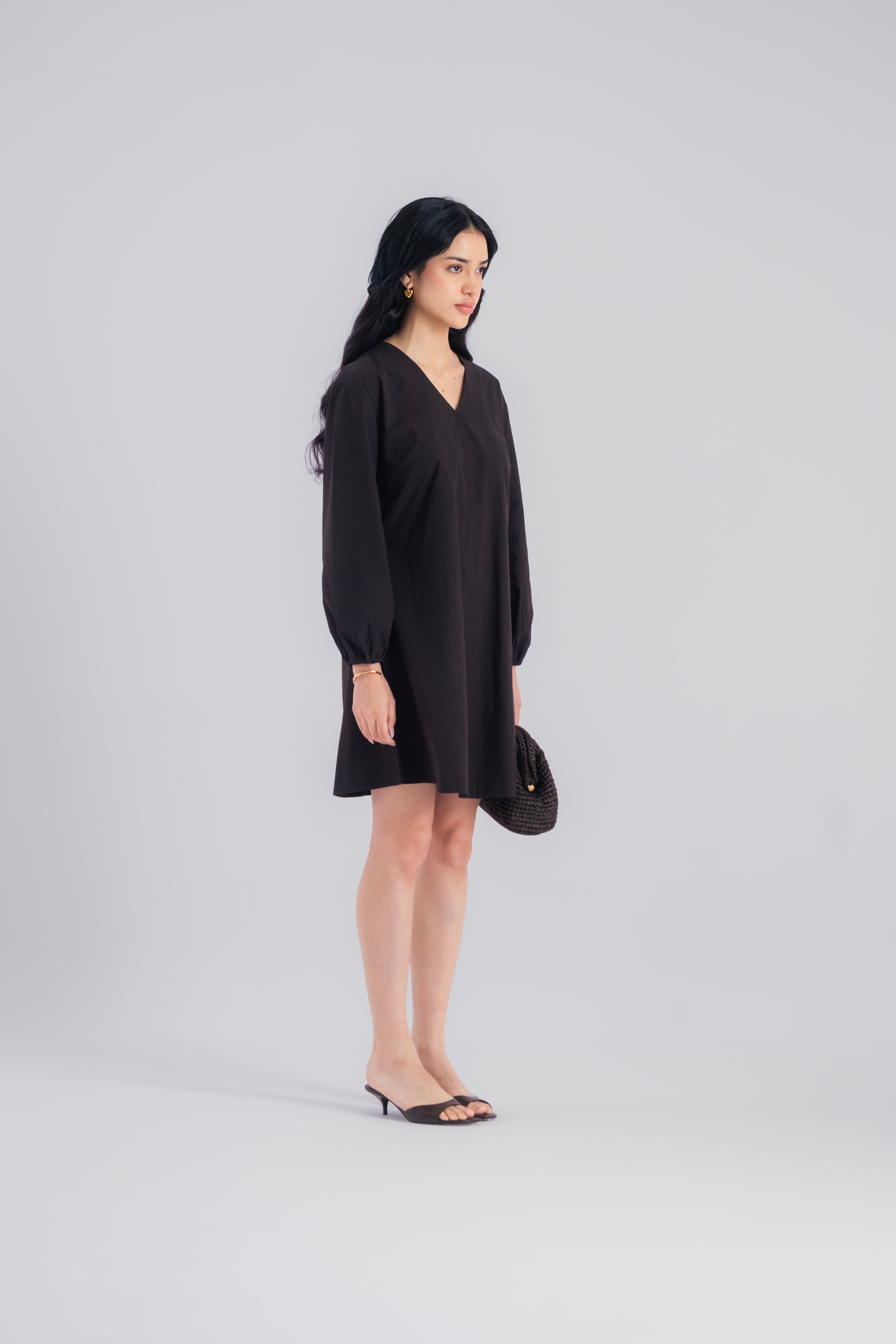 100% Cotton Poplin Babydoll Dress - Black
