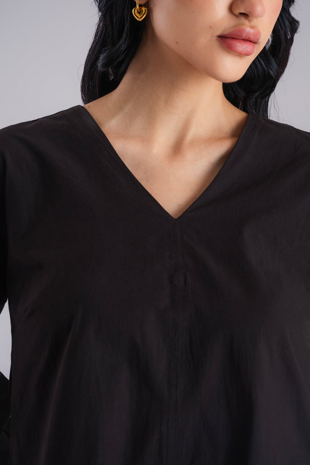 100% Cotton Poplin Babydoll Dress - Black