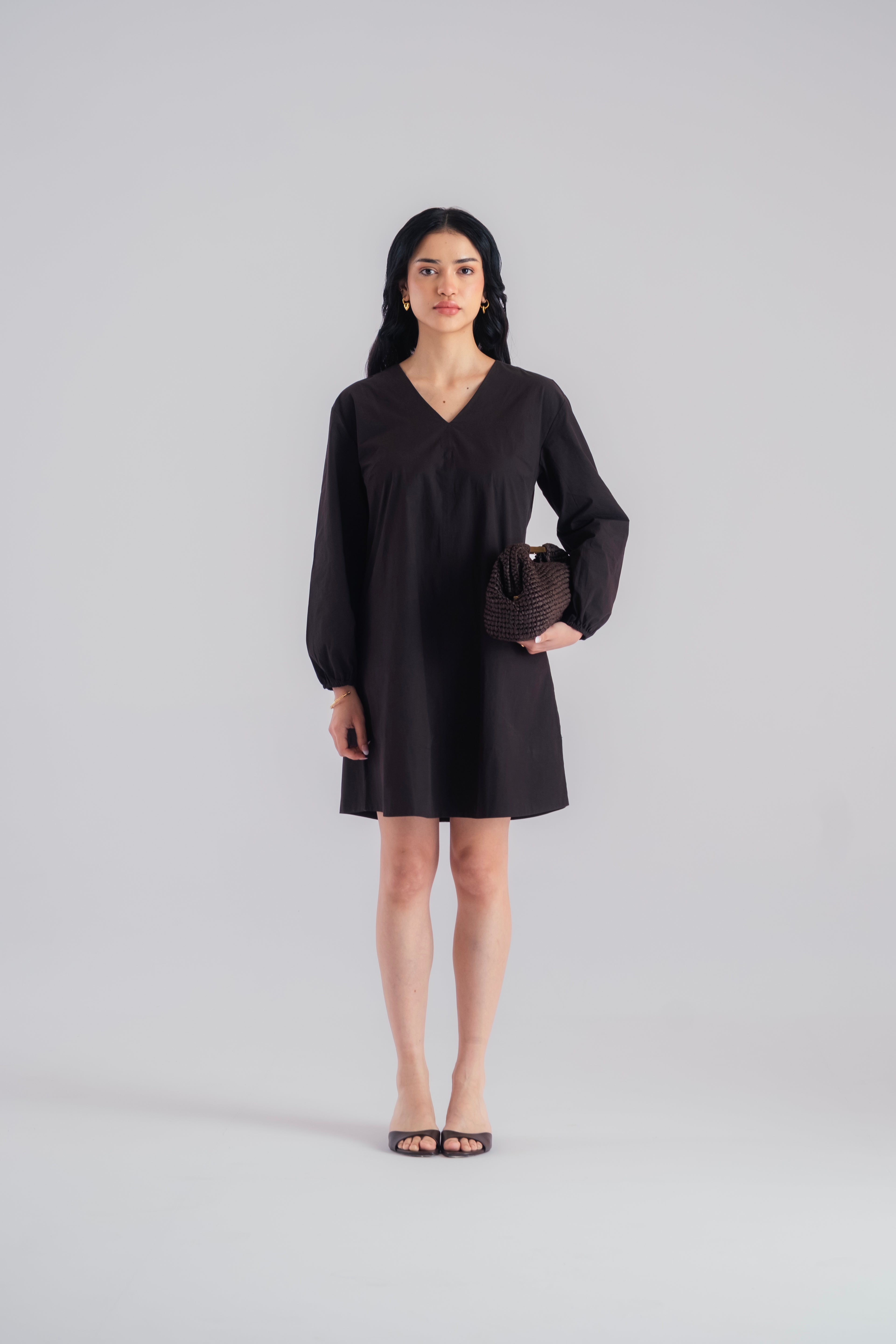 100% Cotton Poplin Babydoll Dress - Black