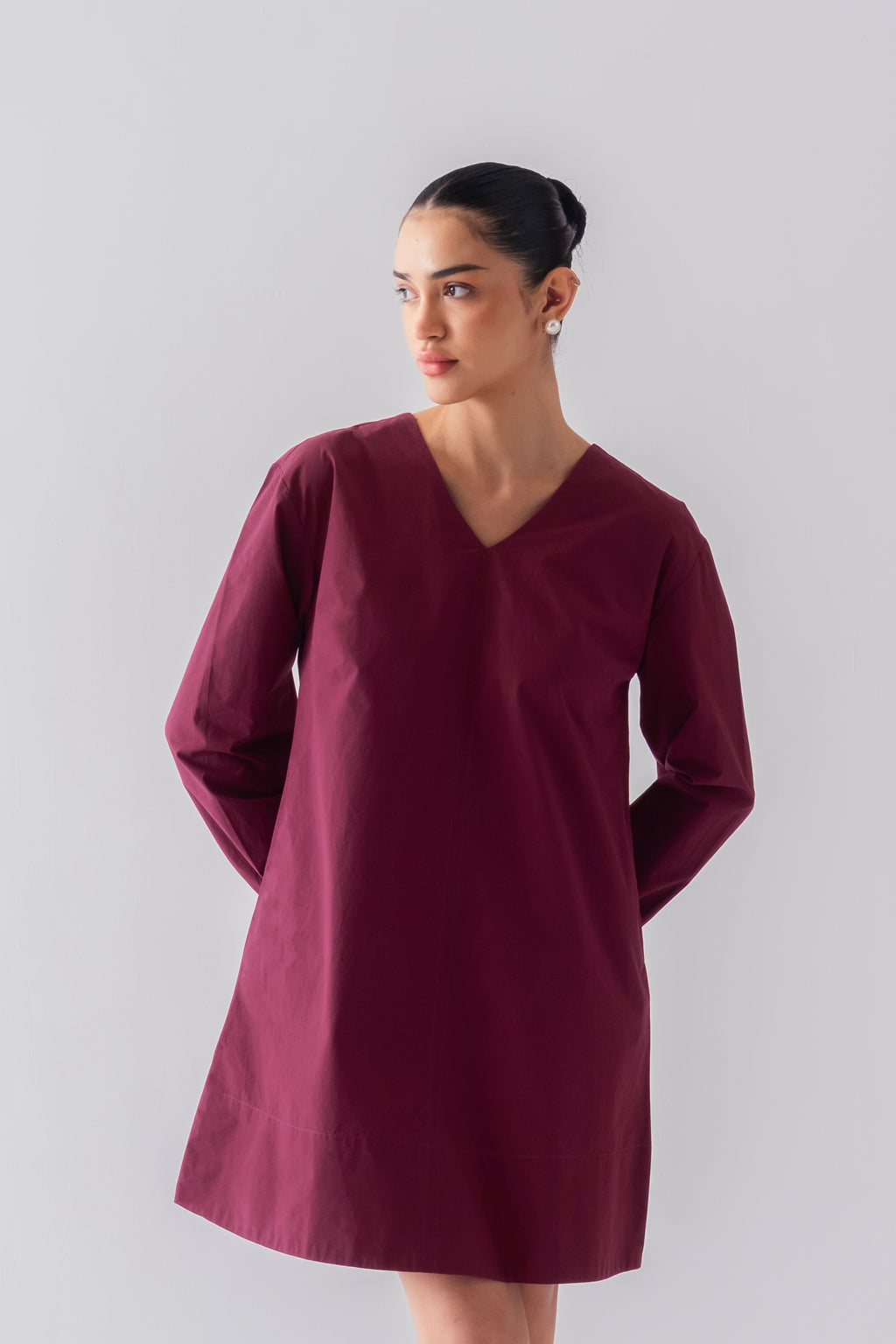 100% Cotton Poplin Babydoll Dress - Wine