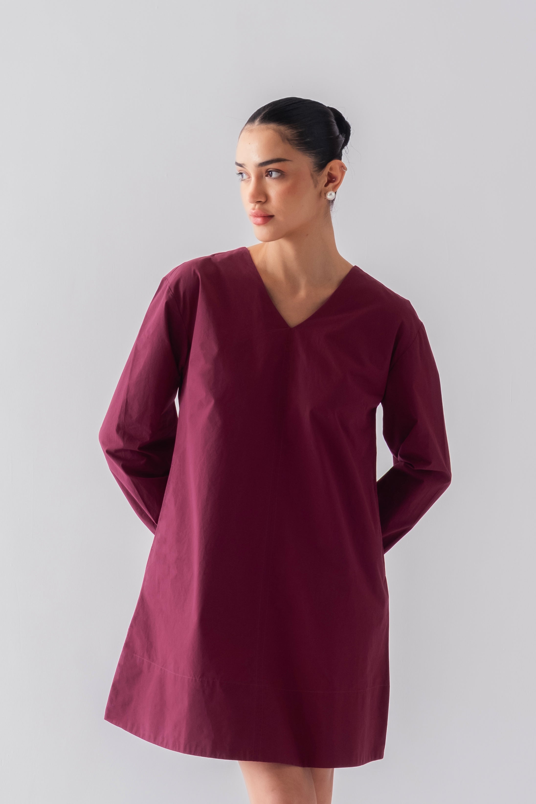 100% Cotton Poplin Babydoll Dress - Wine