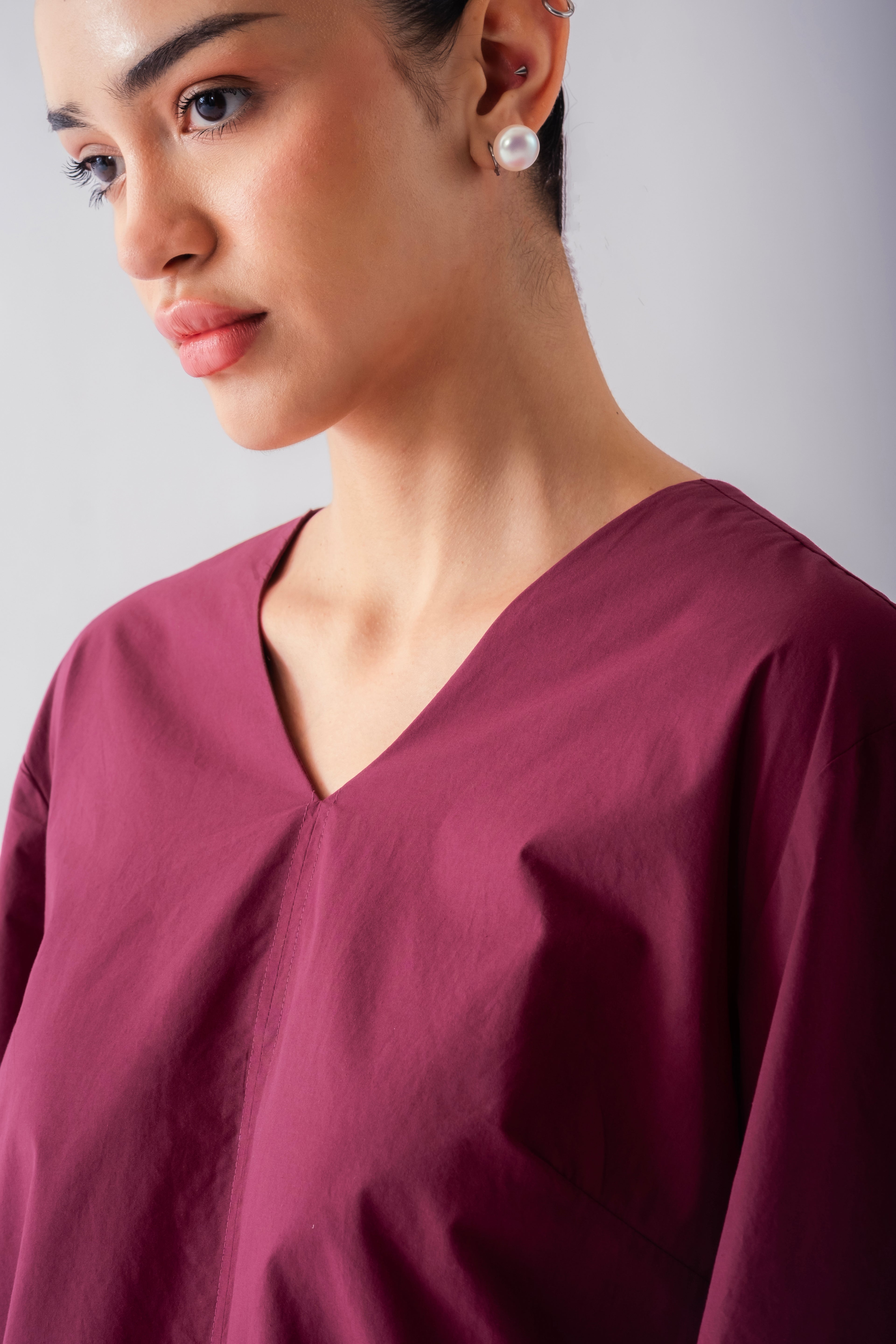 100% Cotton Poplin Babydoll Dress - Wine
