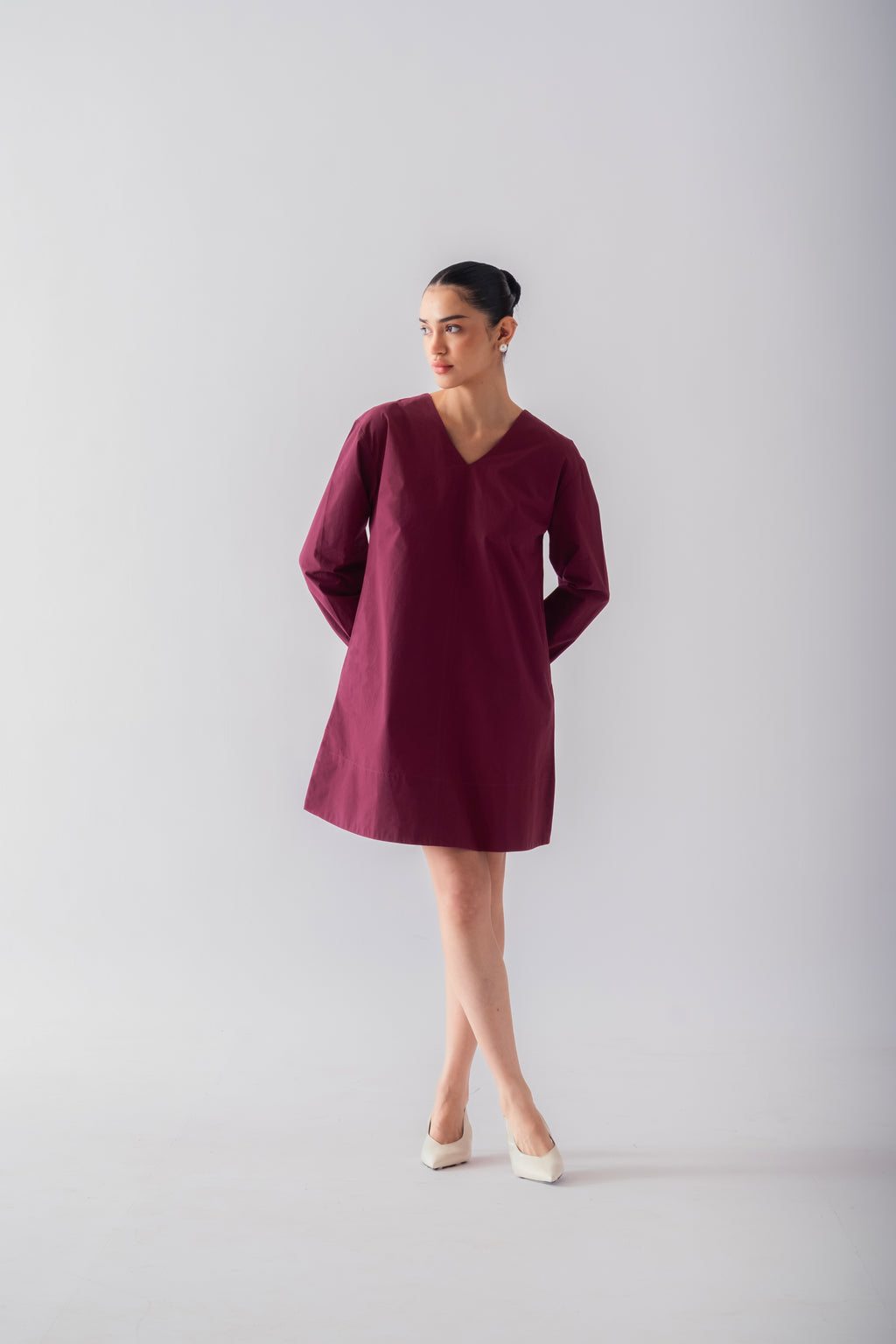 100% Cotton Poplin Babydoll Dress - Wine