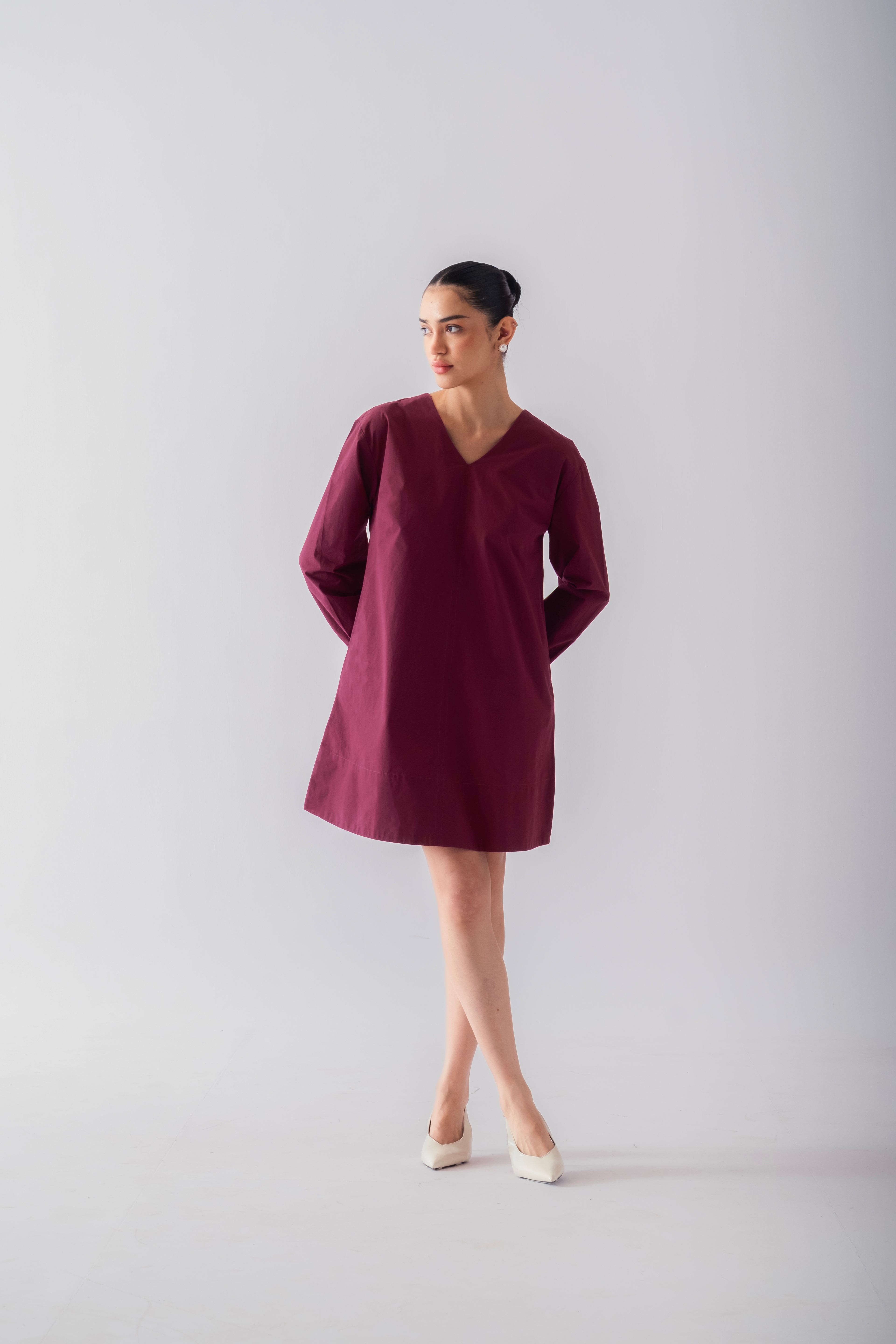 100% Cotton Poplin Babydoll Dress - Wine