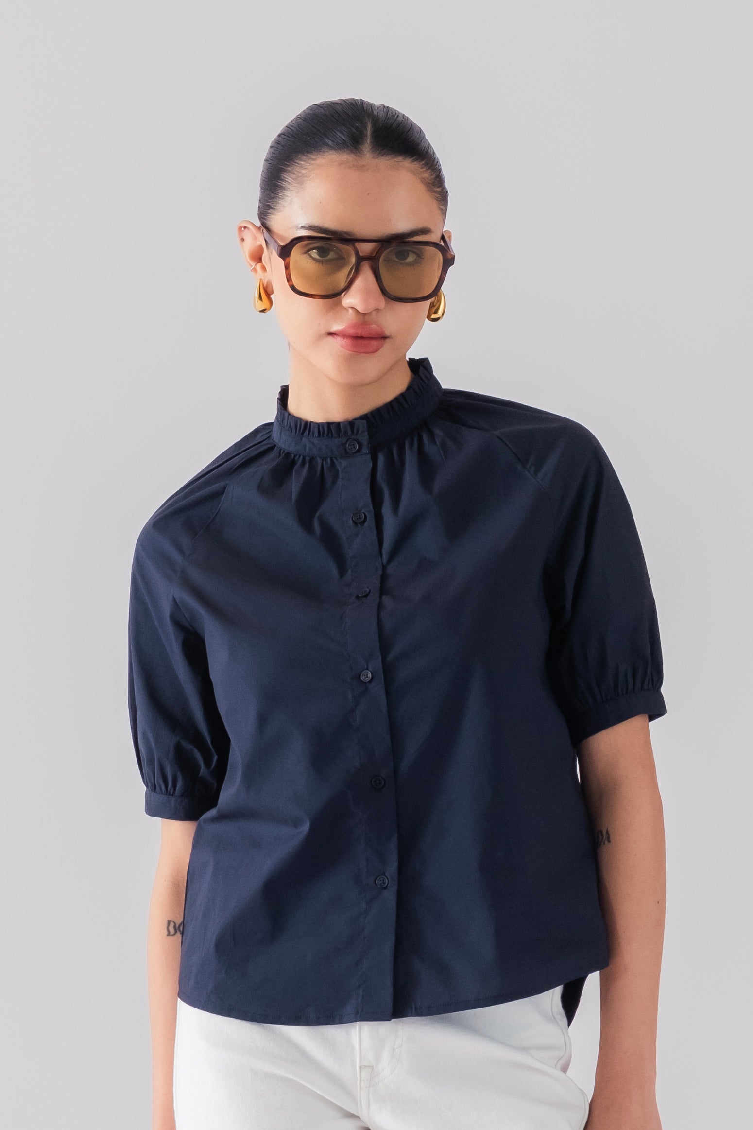 100% Cotton Poplin Frill-Neck Blouse - Navy