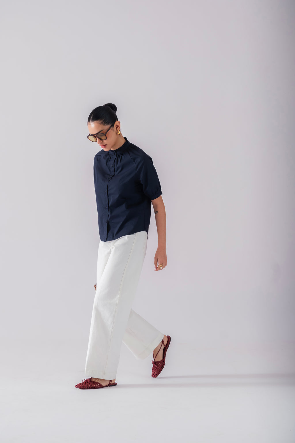 100% Cotton Poplin Frill-Neck Blouse - Navy