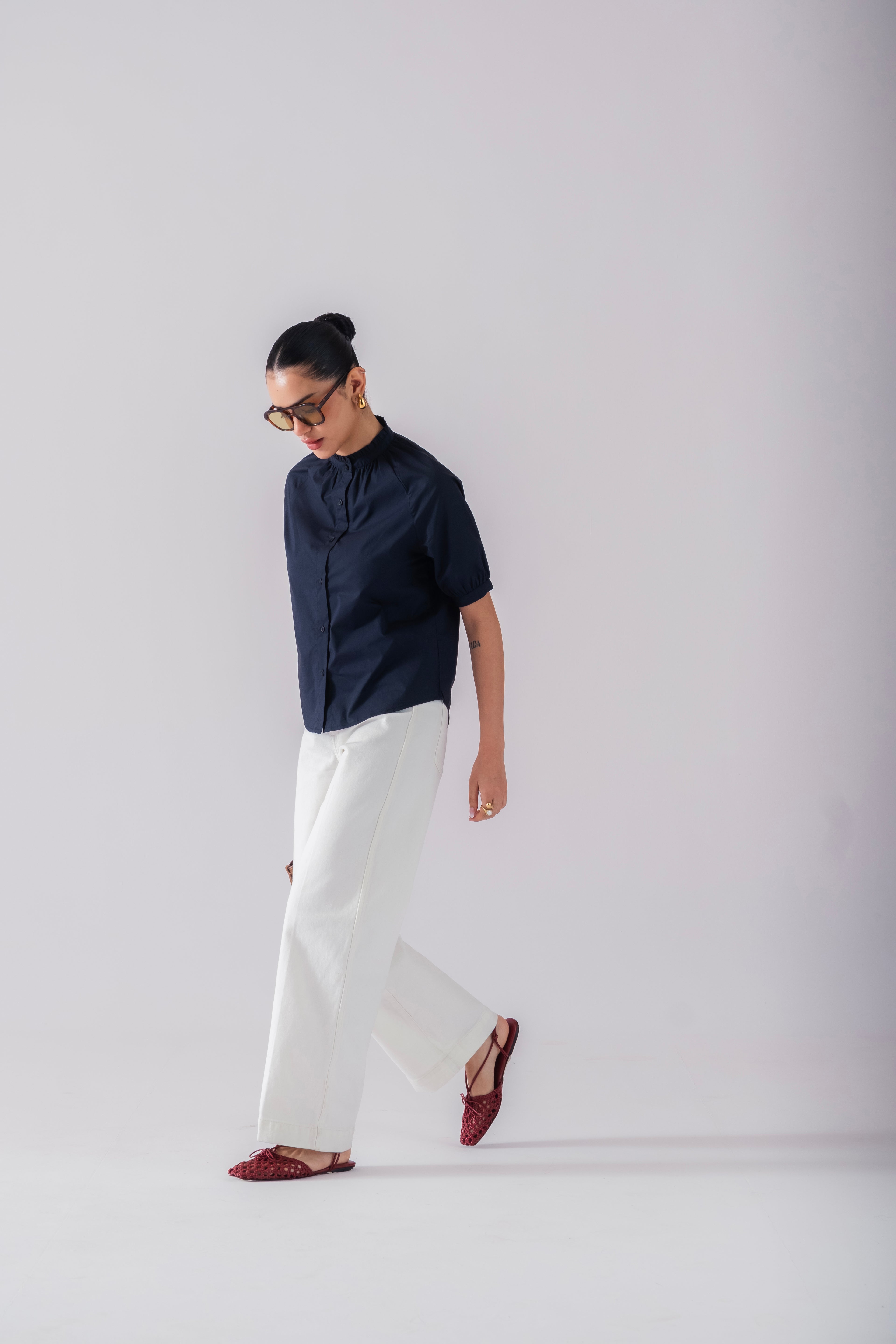 100% Cotton Poplin Frill-Neck Blouse - Navy