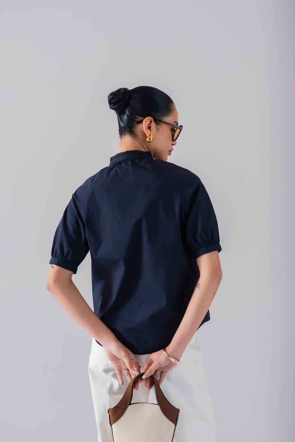 100% Cotton Poplin Frill-Neck Blouse - Navy