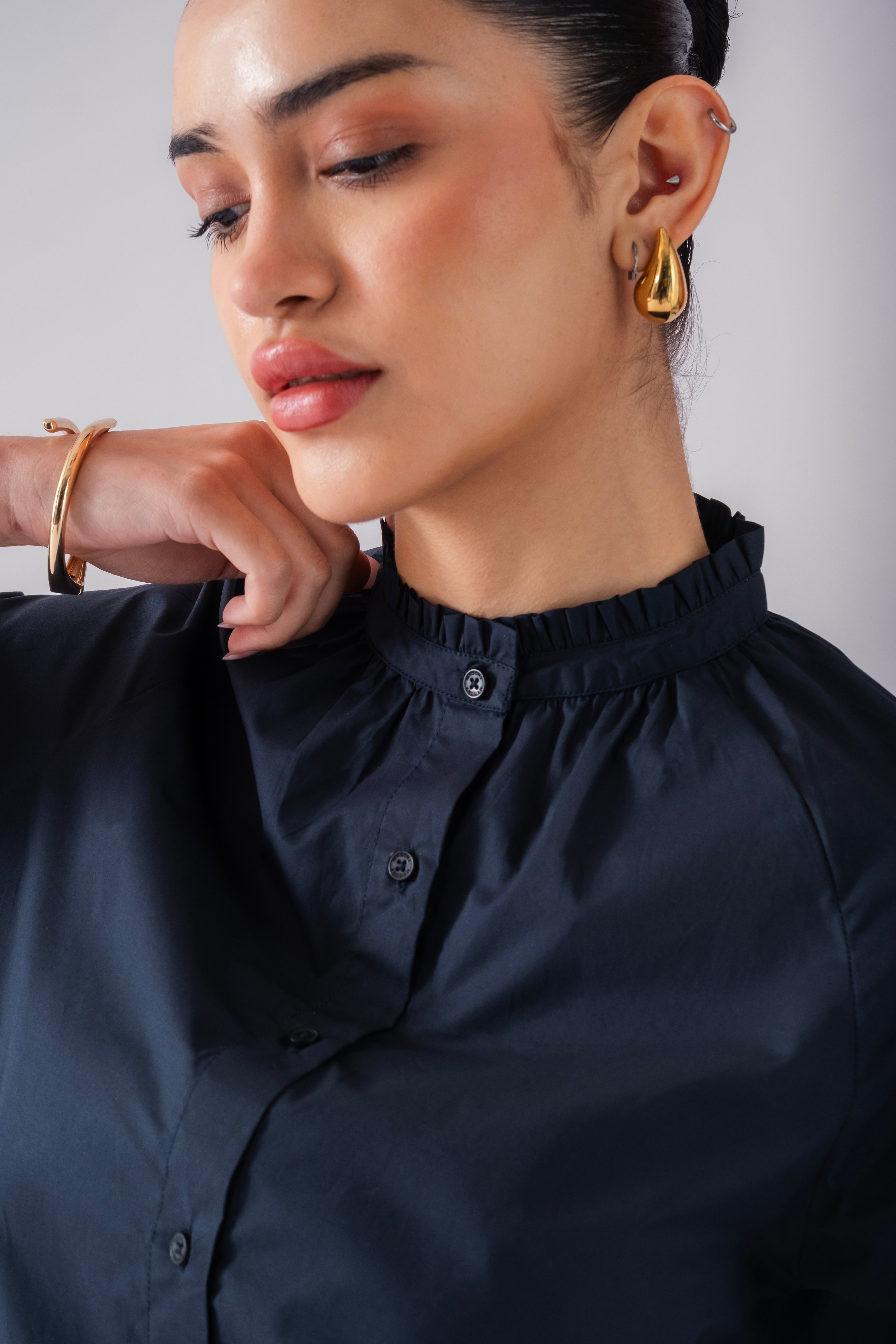 100% Cotton Poplin Frill-Neck Blouse - Navy
