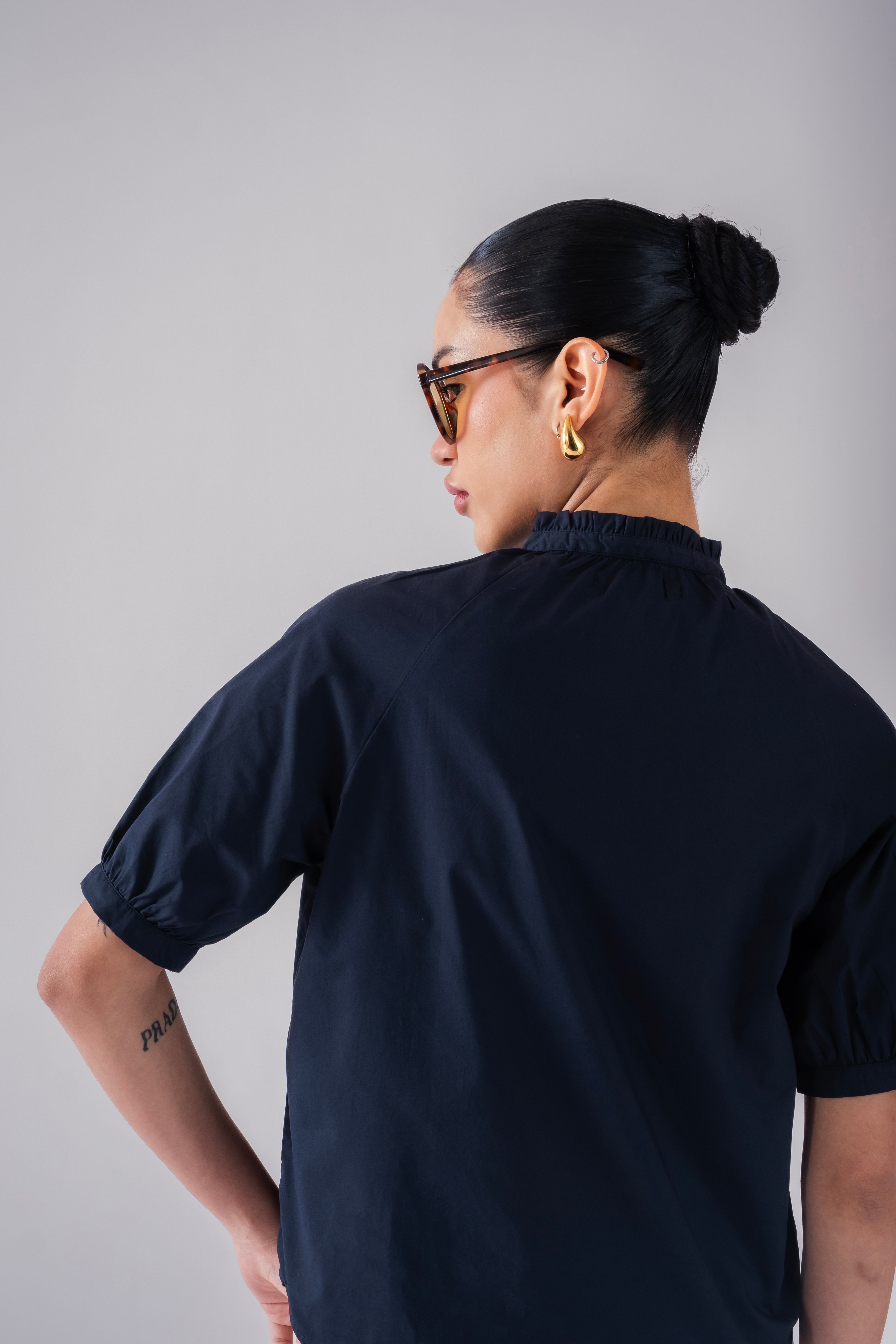 100% Cotton Poplin Frill-Neck Blouse - Navy
