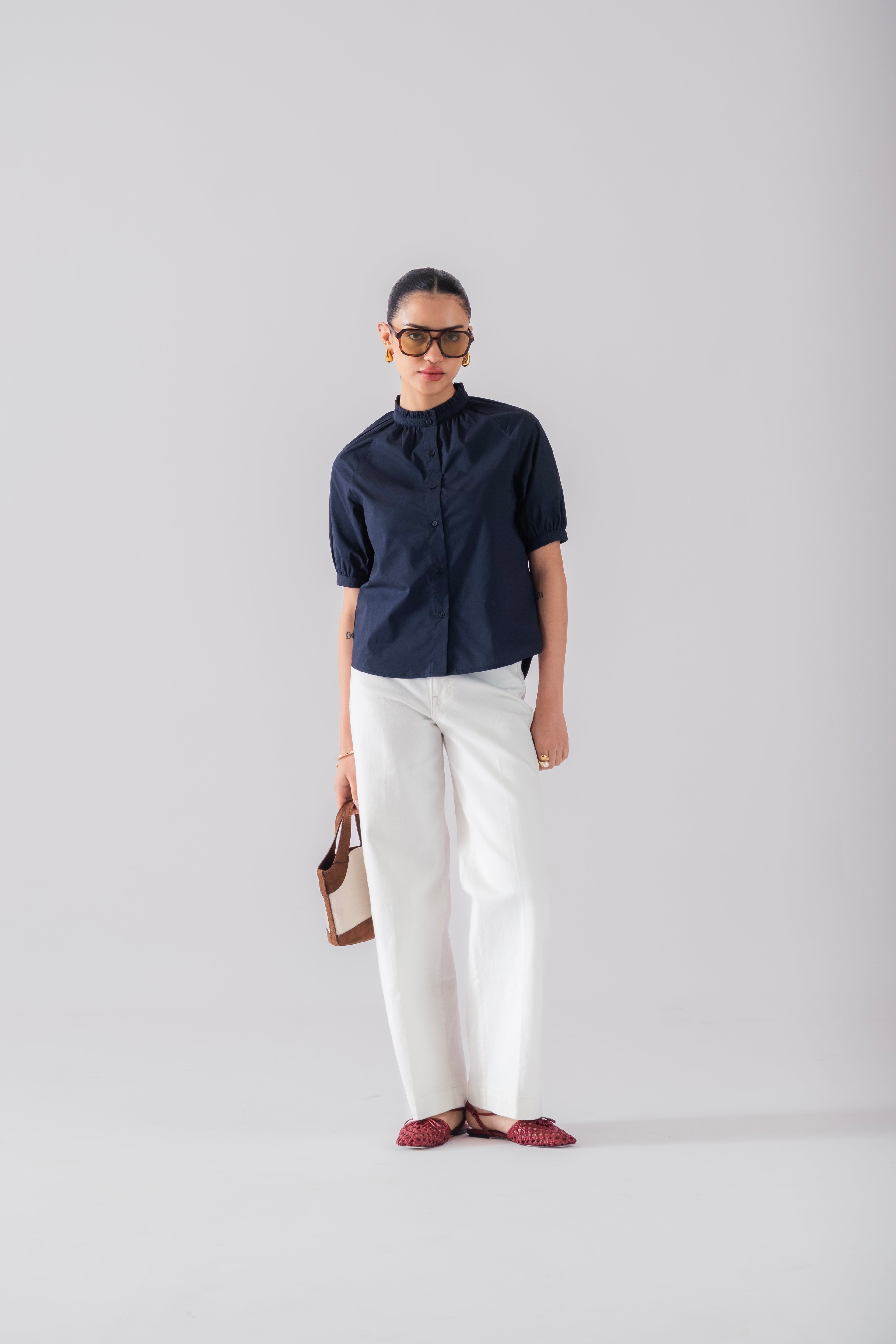 100% Cotton Poplin Frill-Neck Blouse - Navy