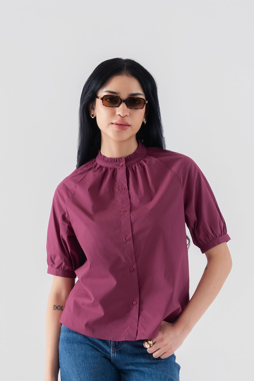 100% Cotton Poplin Frill-Neck Blouse - Wine
