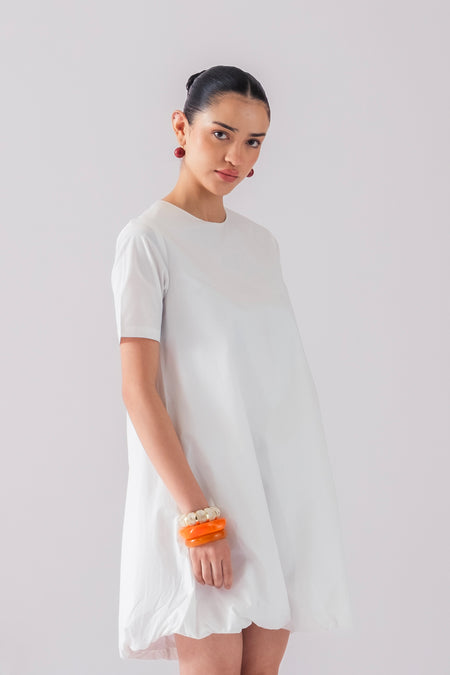 100% Cotton Poplin Bubble-Hem Mini Dress - White