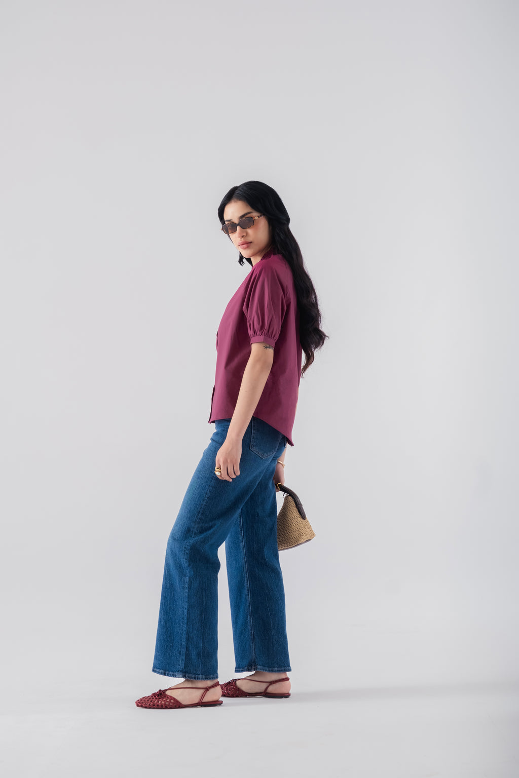 100% Cotton Poplin Frill-Neck Blouse - Wine