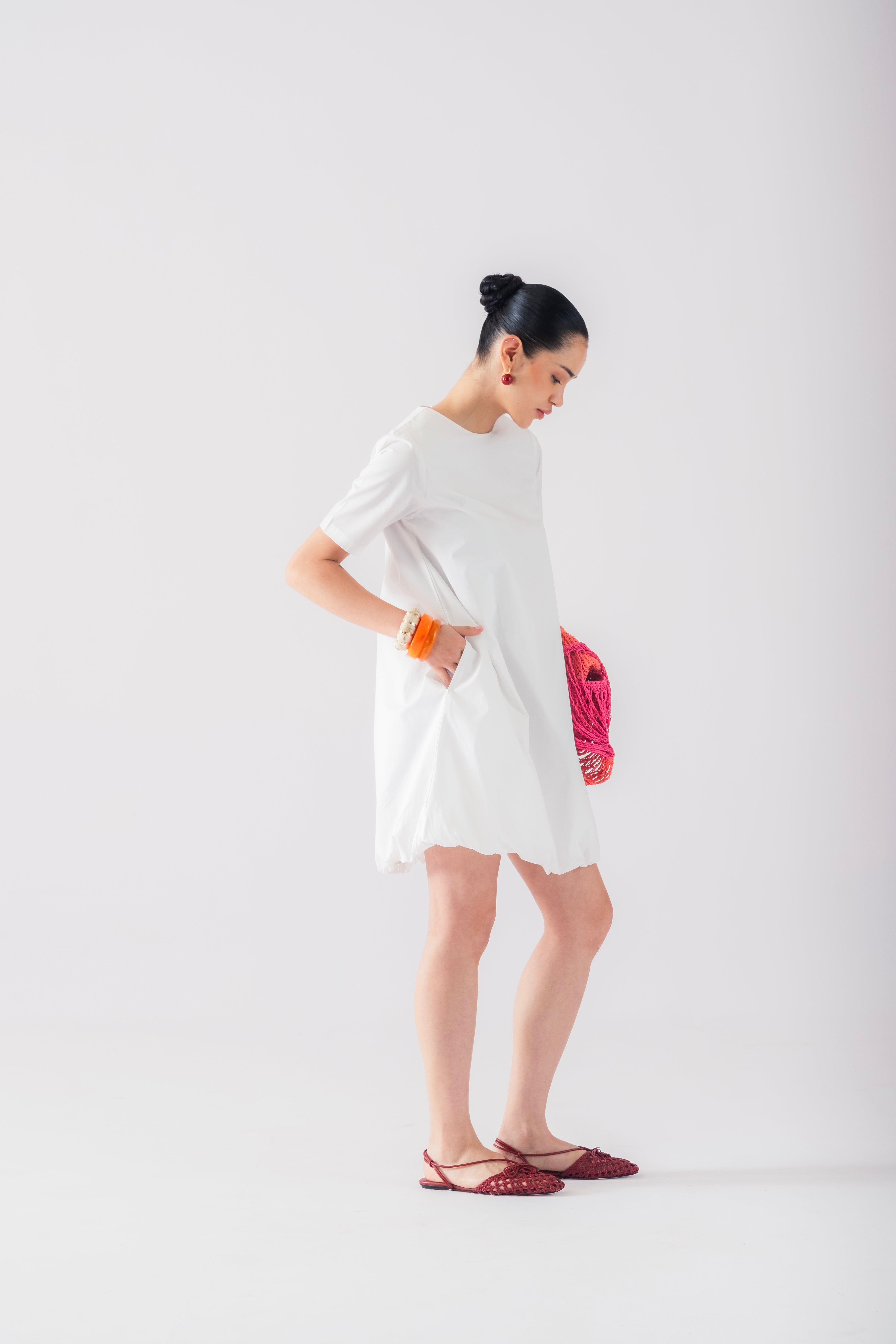 100% Cotton Poplin Bubble-Hem Mini Dress - White