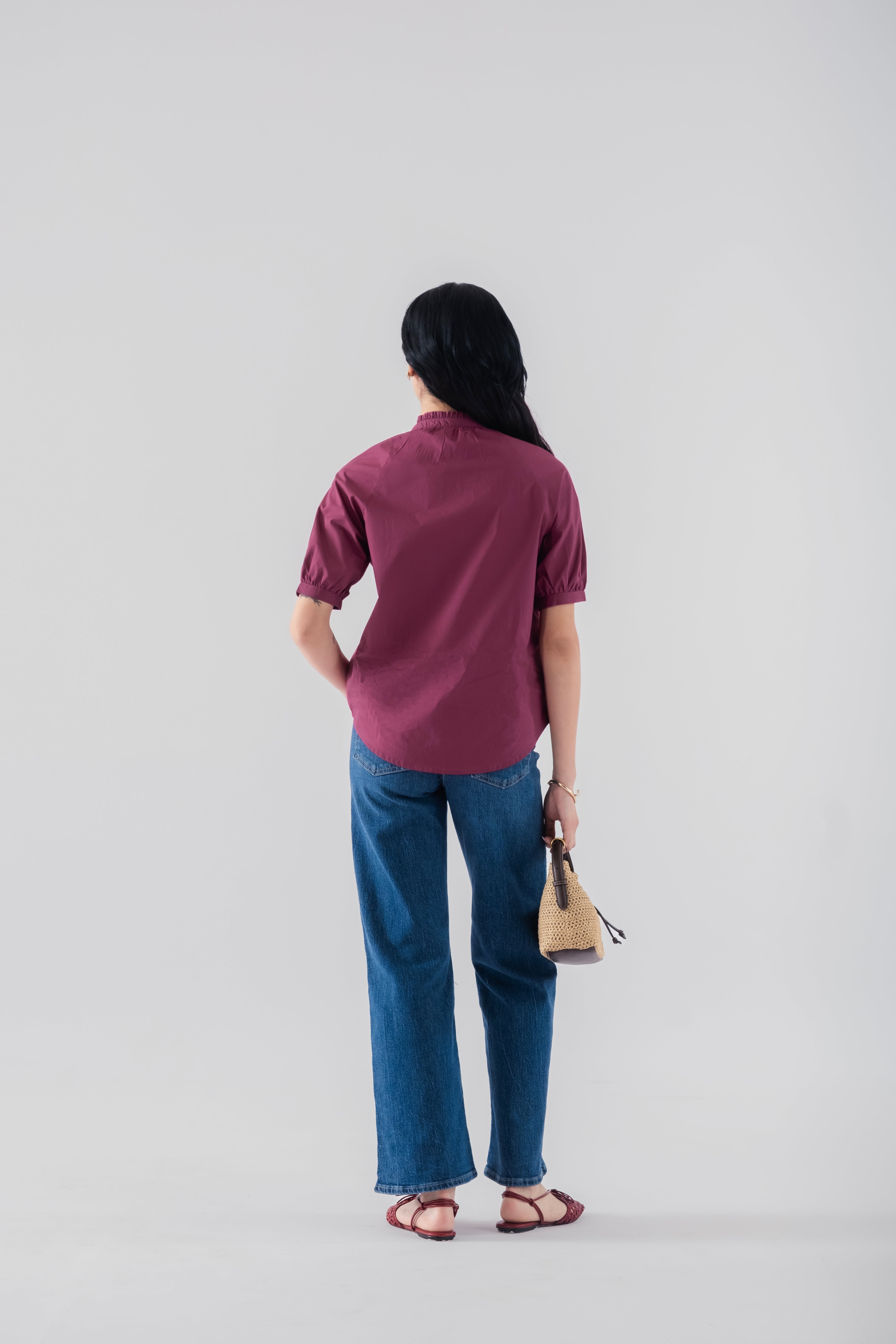 100% Cotton Poplin Frill-Neck Blouse - Wine