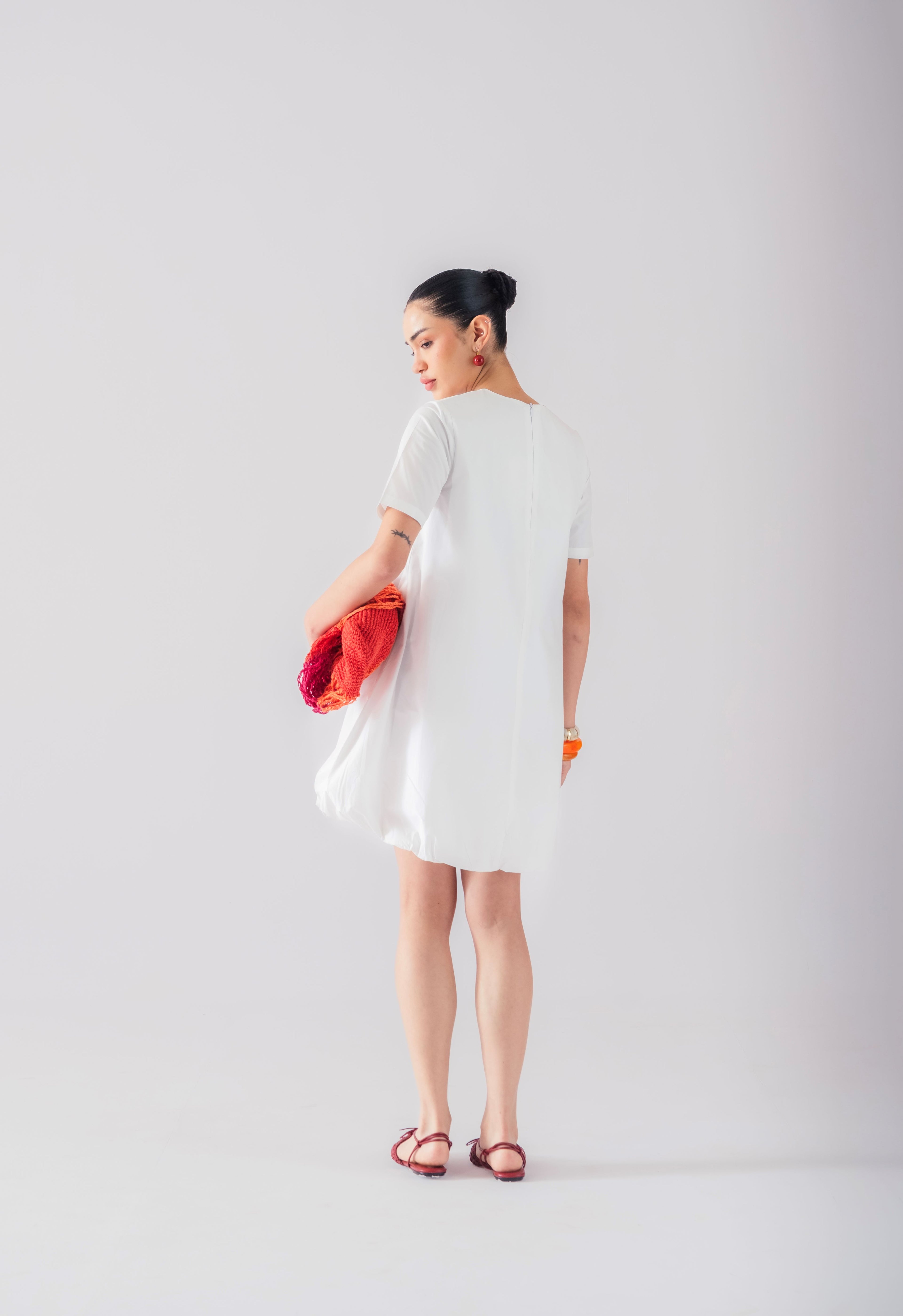 100% Cotton Poplin Bubble-Hem Mini Dress - White