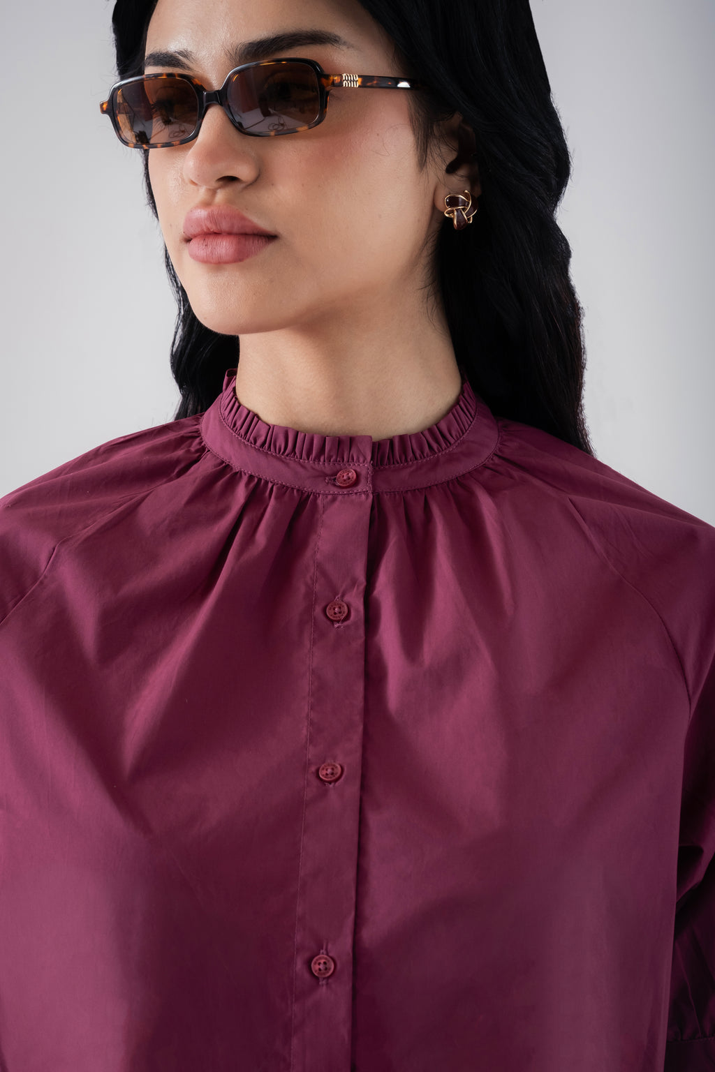 100% Cotton Poplin Frill-Neck Blouse - Wine