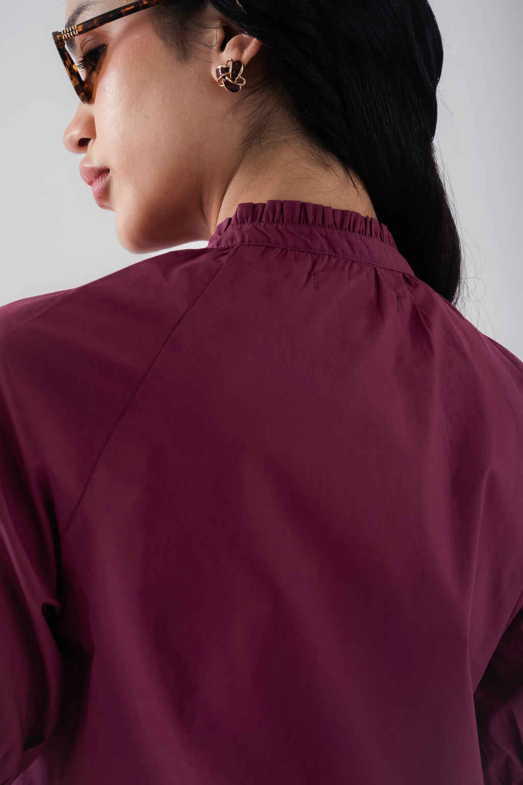100% Cotton Poplin Frill-Neck Blouse - Wine